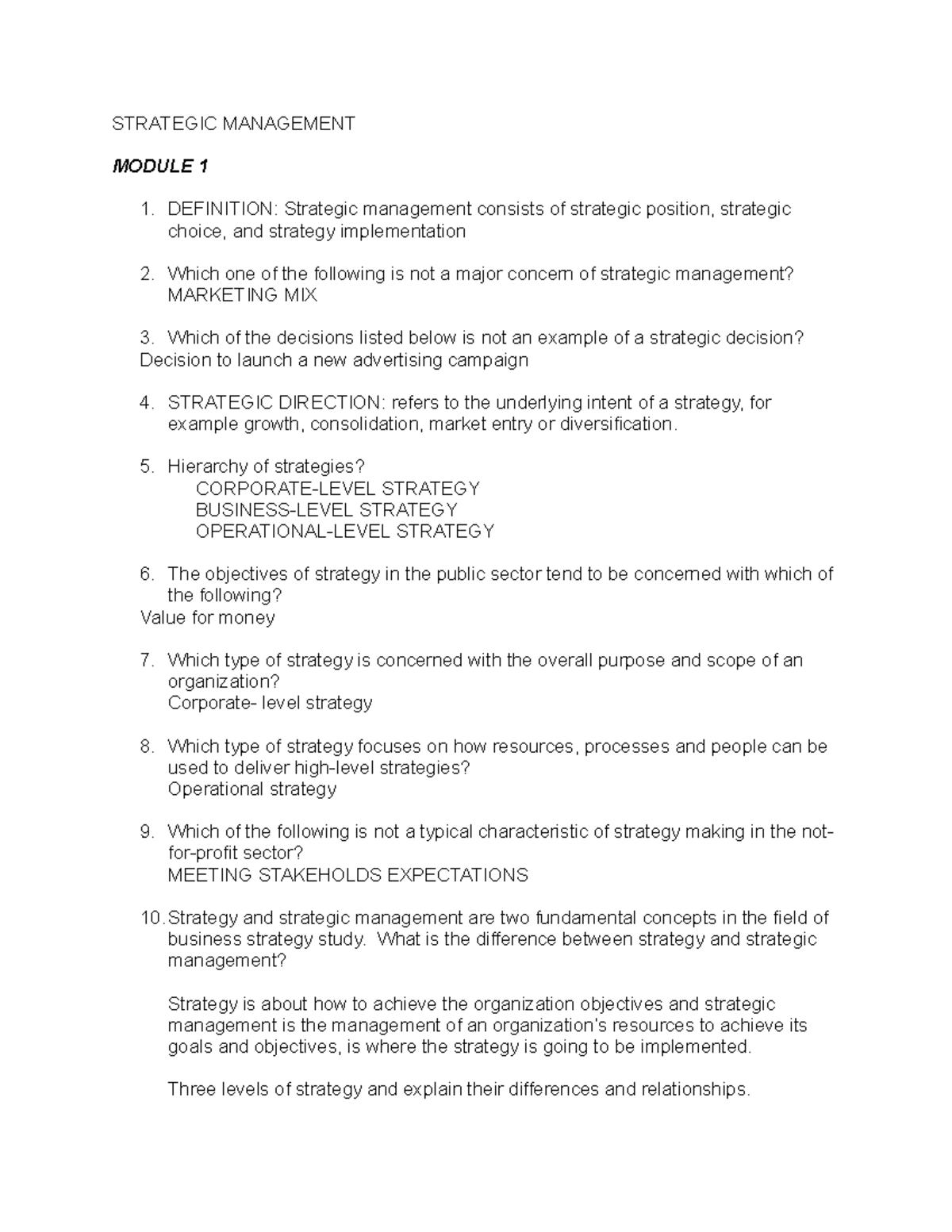 Quiz - Module 1 - STRATEGIC MANAGEMENT MODULE 1 DEFINITION: Strategic ...