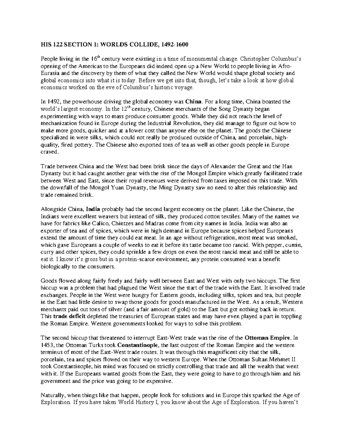 World History II HIS 122 Section 1 Lecture Notes HIS 122 SECTION 1