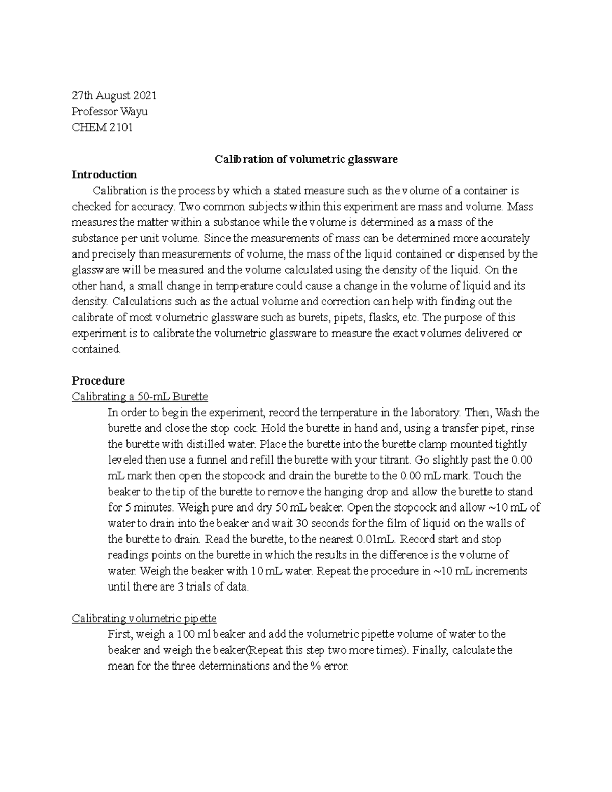 Lab report 1 8 30 27th August 2021 Professor Wayu CHEM 2101