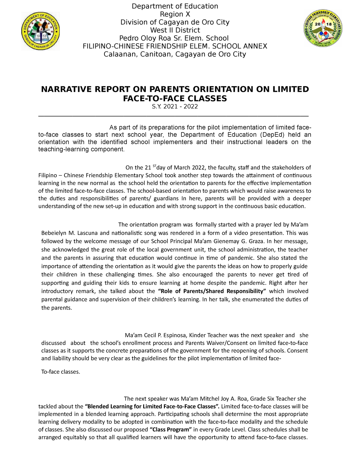 Narrative report on limited facetoface NARRATIVE REPORT ON PARENTS