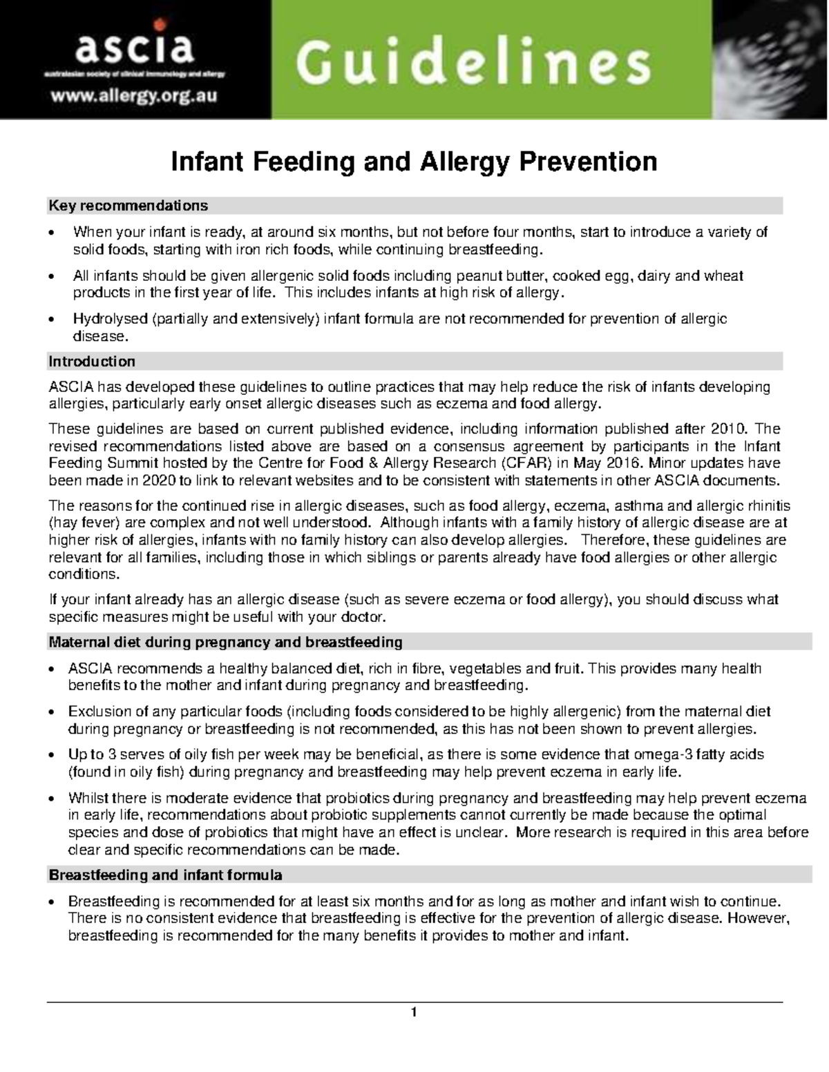 Ascia Guidelines Infant Feeding and Allergy Prevention 2020 1 Infant