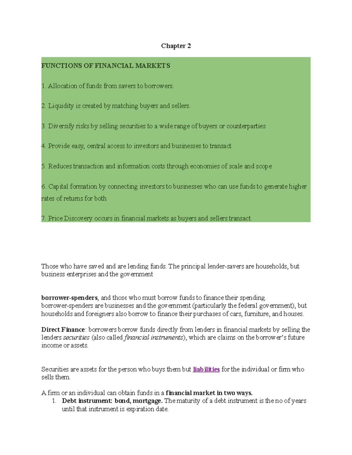 Chapter 2 - Lecture notes 2 - Chapter 2 FUNCTIONS OF FINANCIAL MARKETS ...