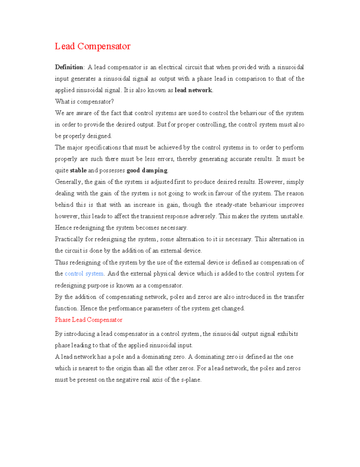 Lag,lead and LagLead Compensator Lead Compensator Definition A lead