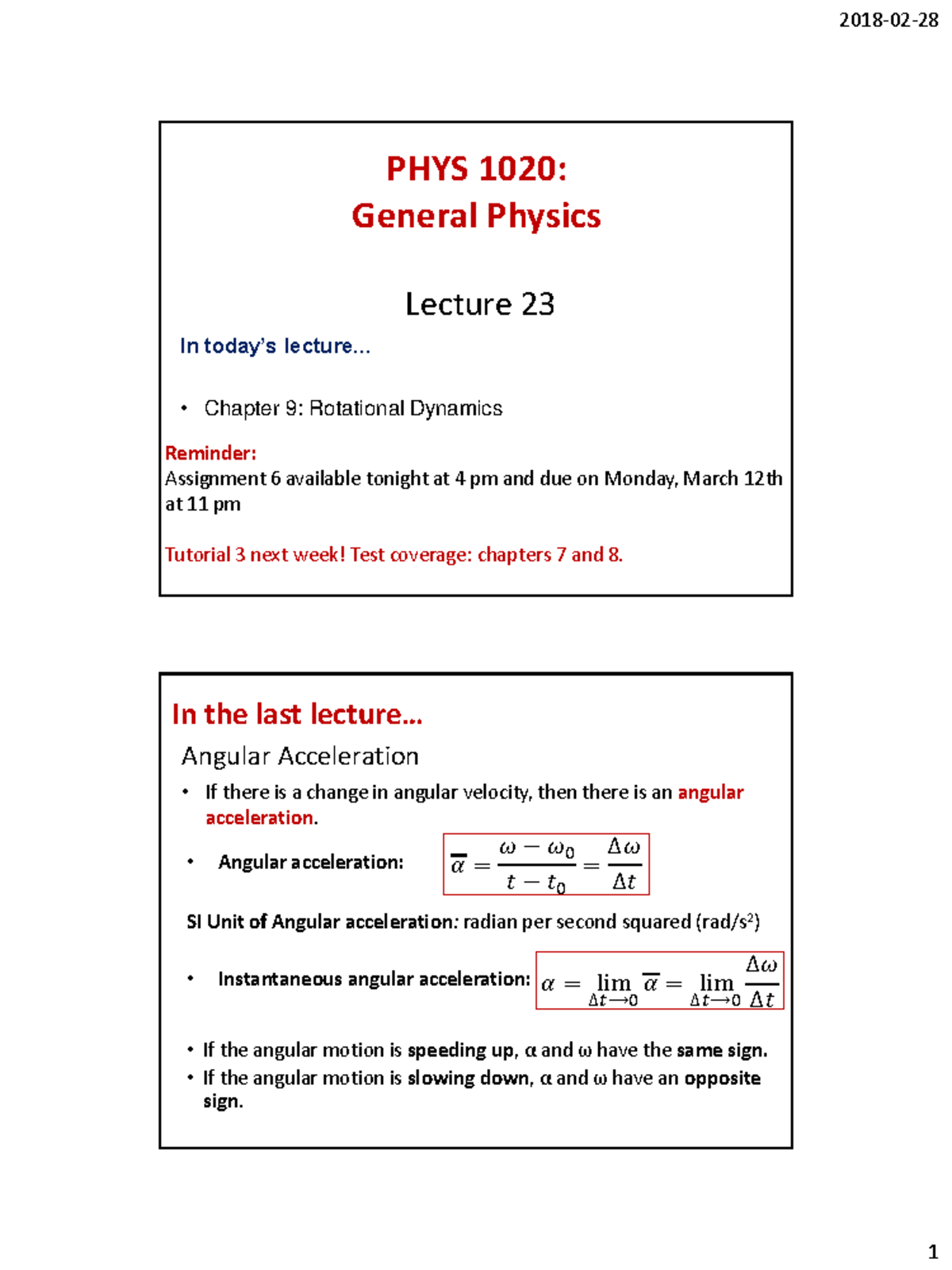 PHYS1020 Lect23 Ch9 - 2018-02-28 PHYS 1020: General Physics Lecture 23 ...