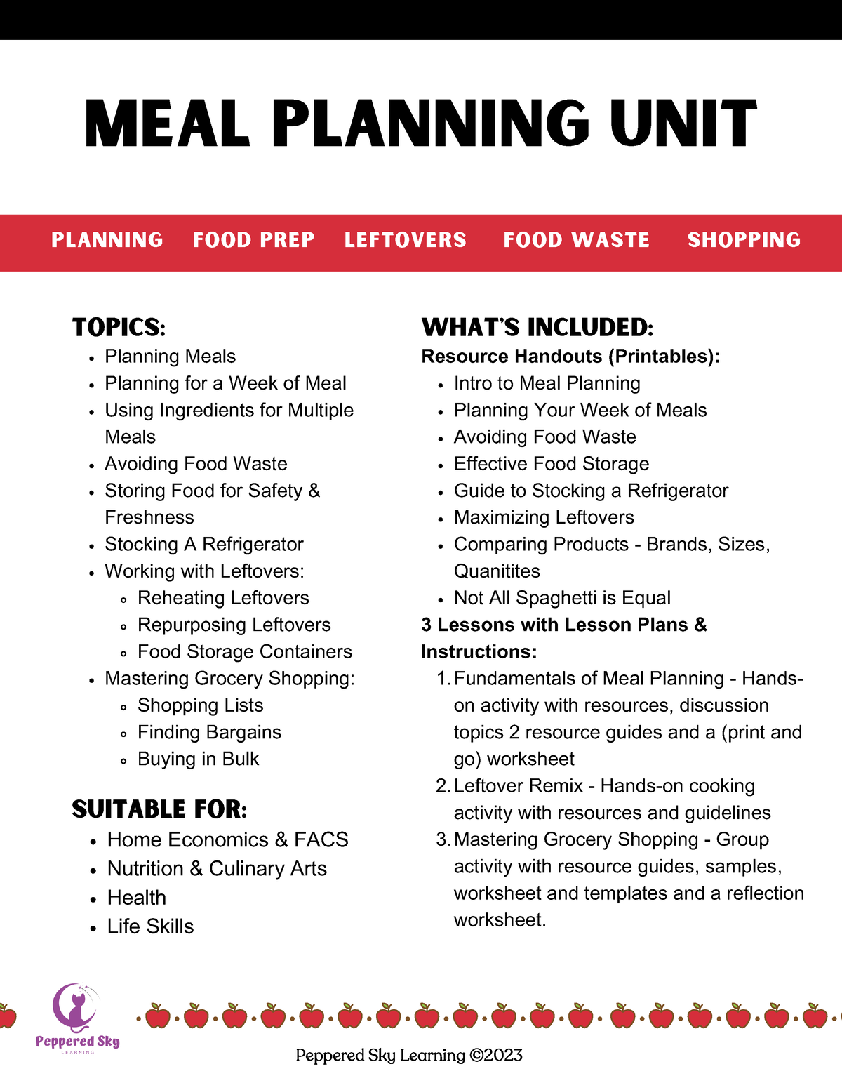 Meal Planning Curriculum Full Unit Lessons Resources Cooking Activities-1 - Meal  Planning Unit - Studocu