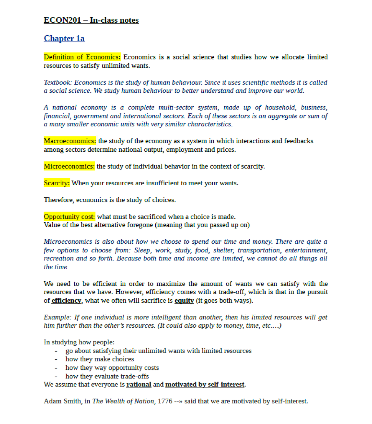 In-Class Notes ECON201 - Chapter 1 - ECON 201 - Concordia - Studocu