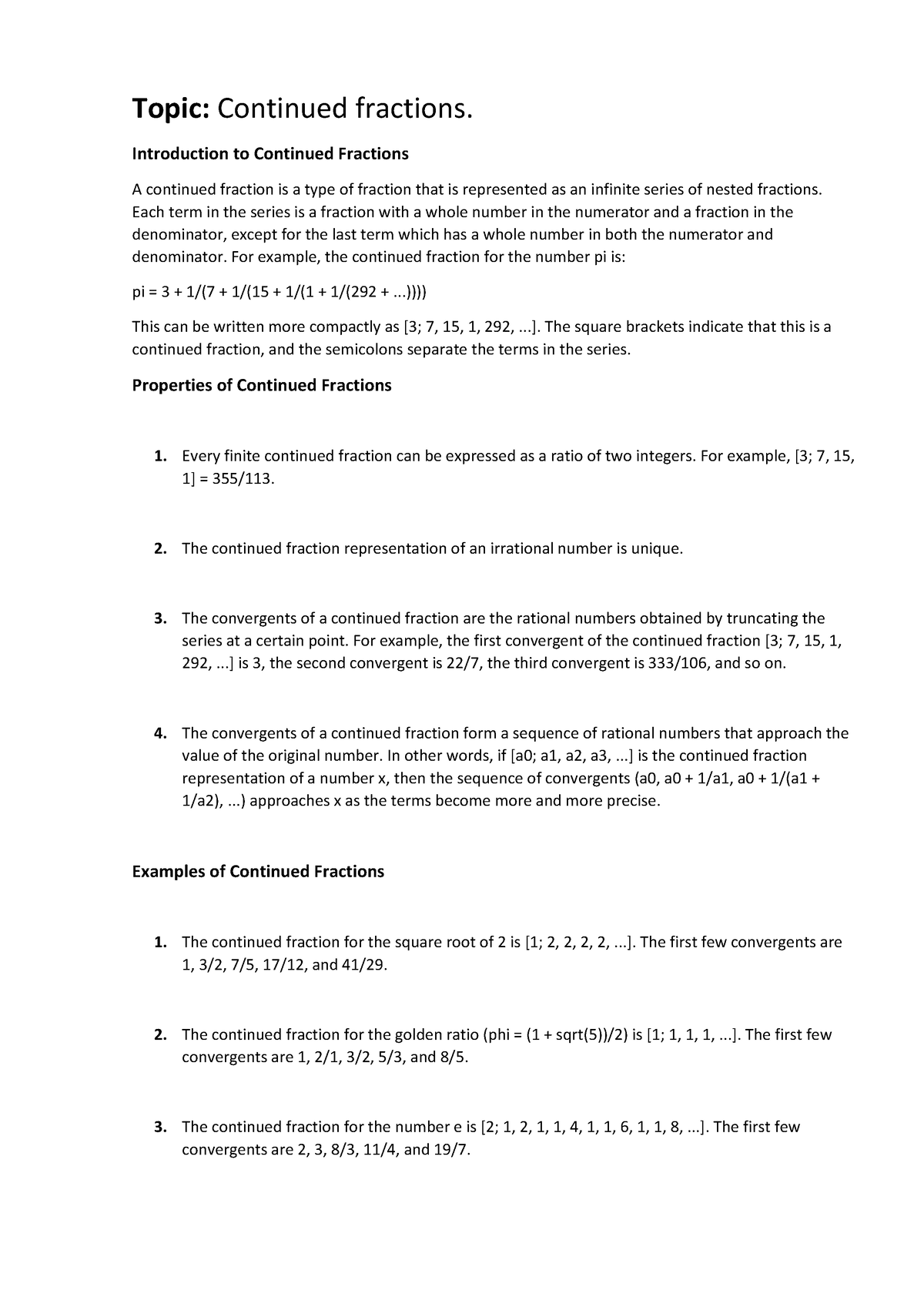 Continued Fractions - Good Lecture Notes! - Topic: Continued Fractions ...