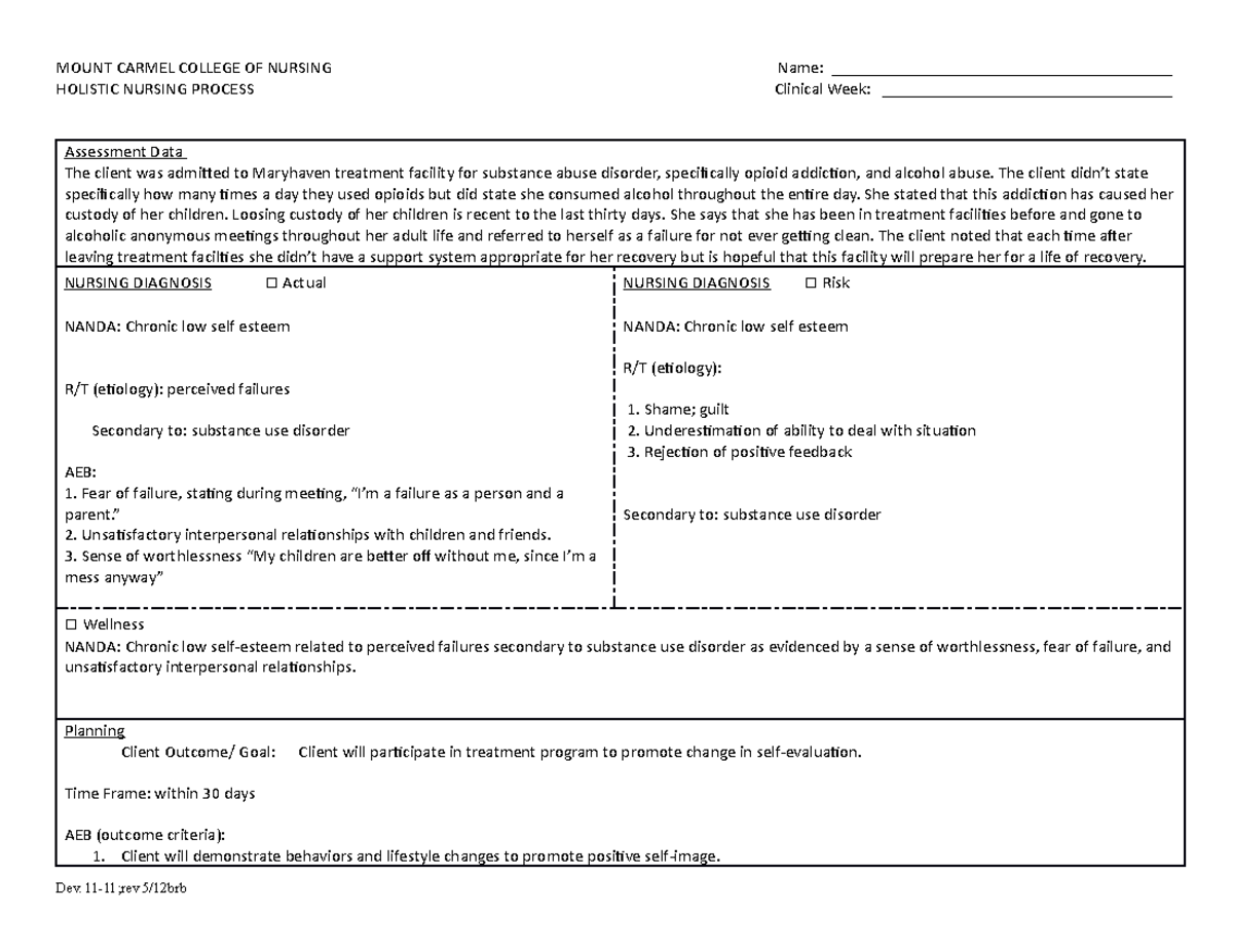 Careplan formatted for nursing psych - MOUNT CARMEL COLLEGE OF NURSING ...