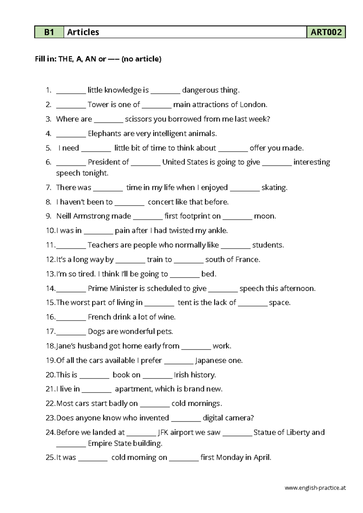 EX5 - ... - english-practice B1 Articles ART 002 Fill in: THE, A, AN or ...