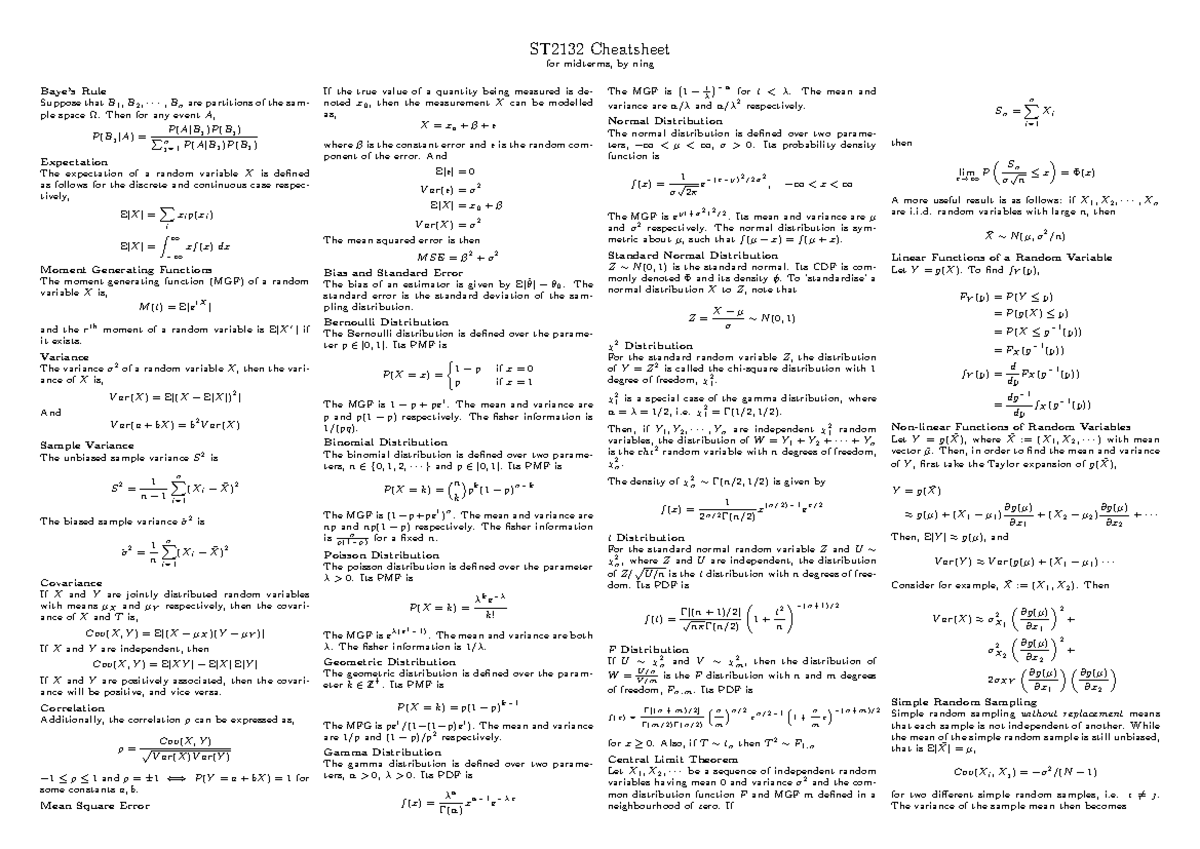 St2132-midterms-2018 s2 - ST2132 Cheatsheet for midterms, by ning Baye ...