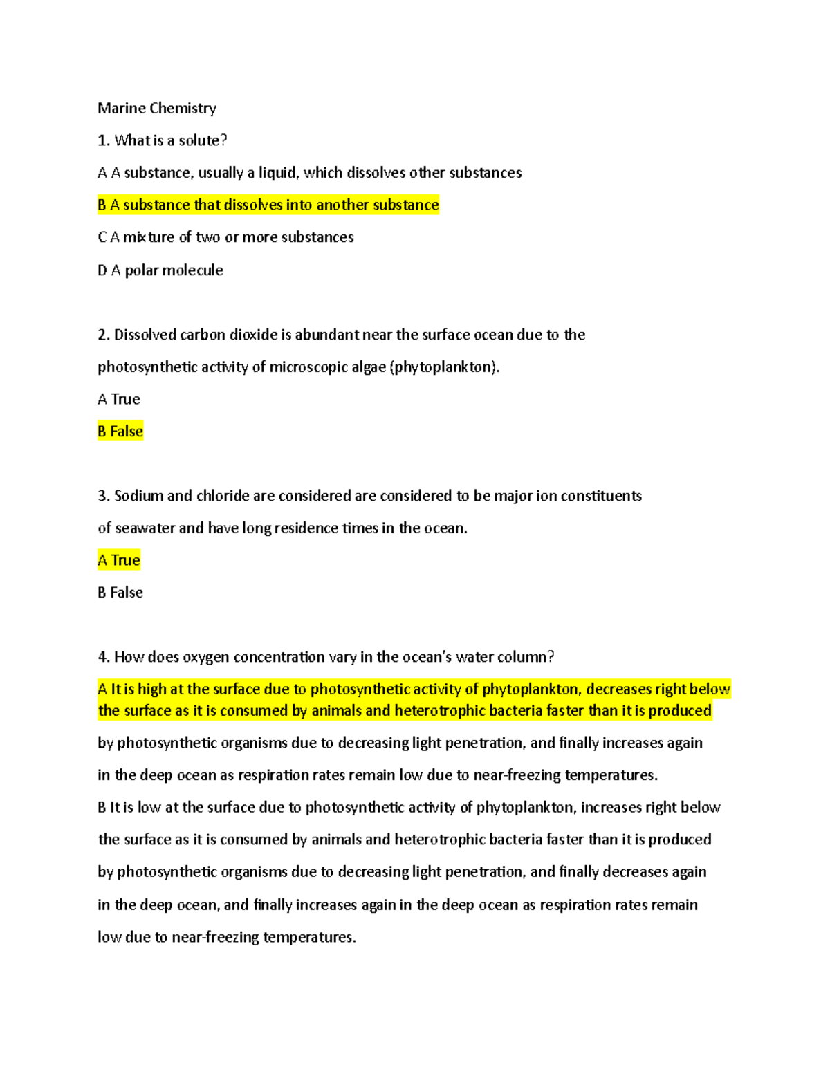 Marine Chem Quiz - Herrera - Marine Chemistry What is a solute? A A ...