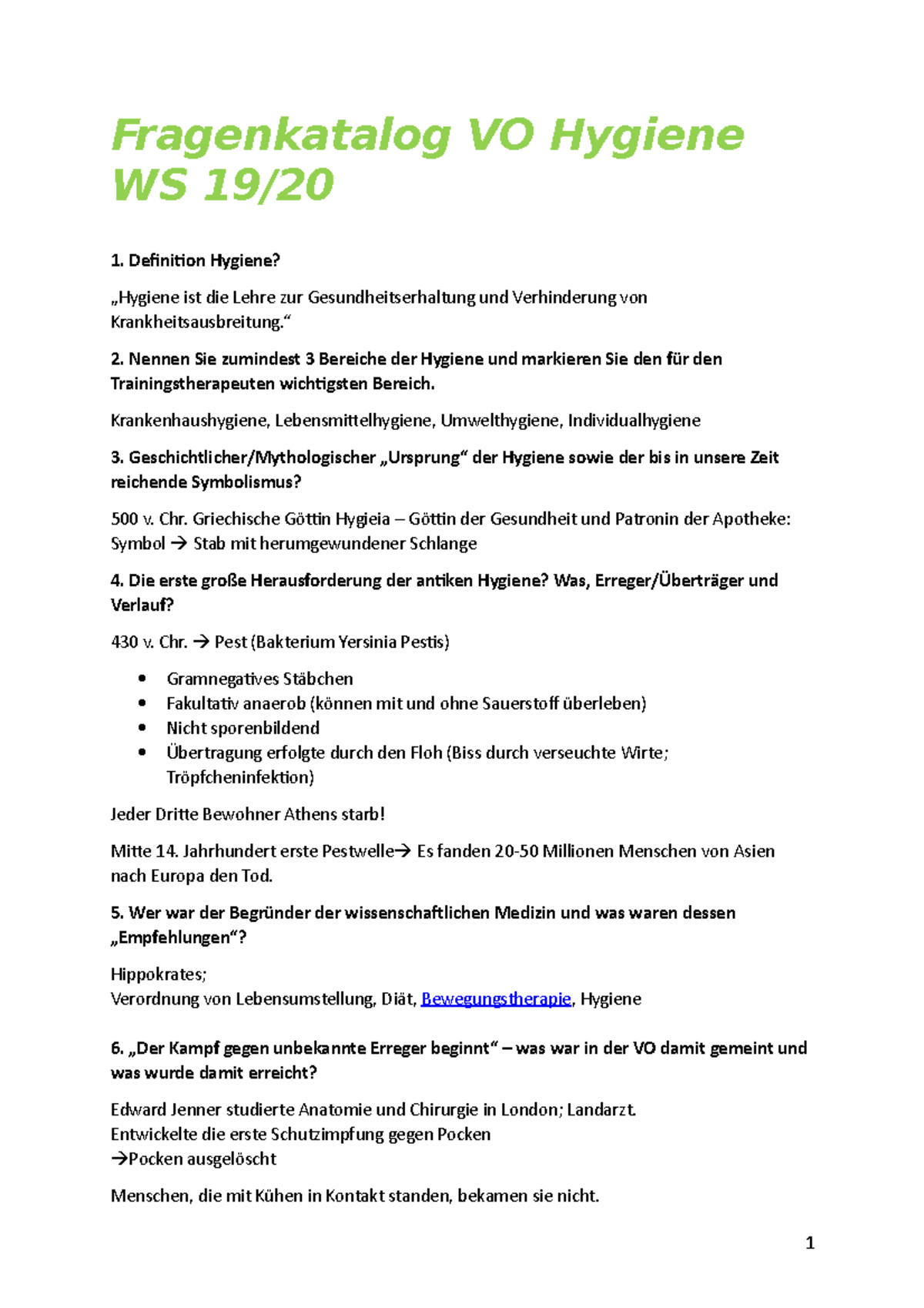 Fragenkatalog VO Hygiene WS - Fragenkatalog VO Hygiene WS 19/ 1