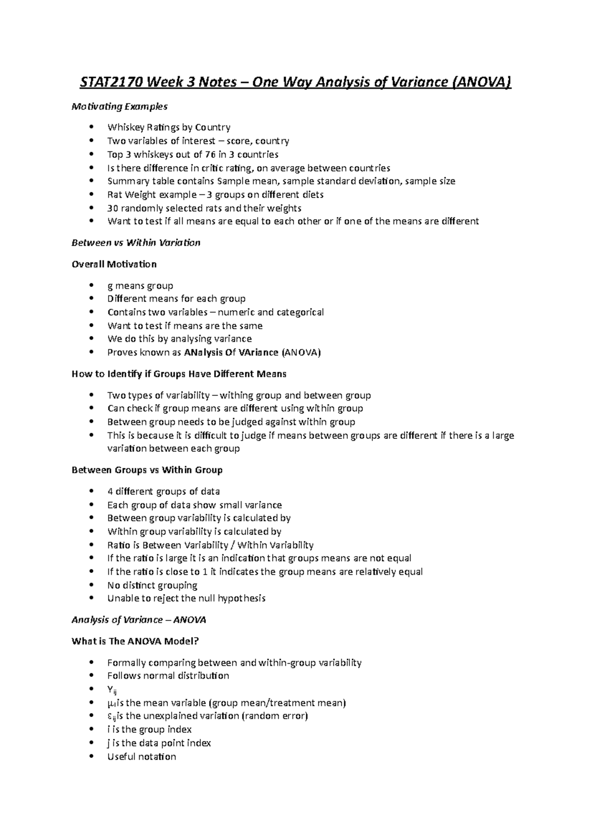 Week 3 - One-Way Analysis of Variance ( Anova) - STAT2170 Week 3 Notes ...