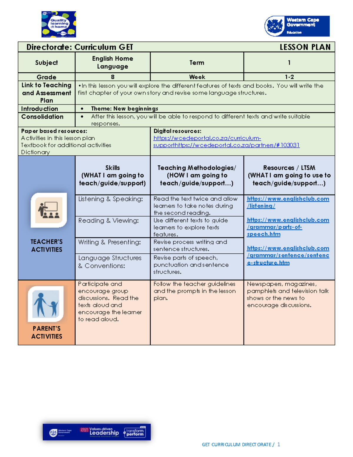 English Home Language - Directorate: Curriculum GET LESSON PLAN Subject