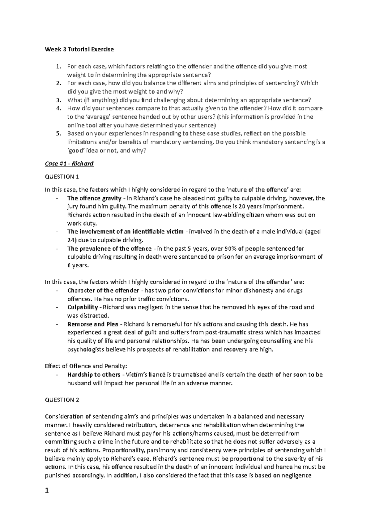 Week 3 Pre-tut exercise - Week 3 Tutorial Exercise For each case, which ...