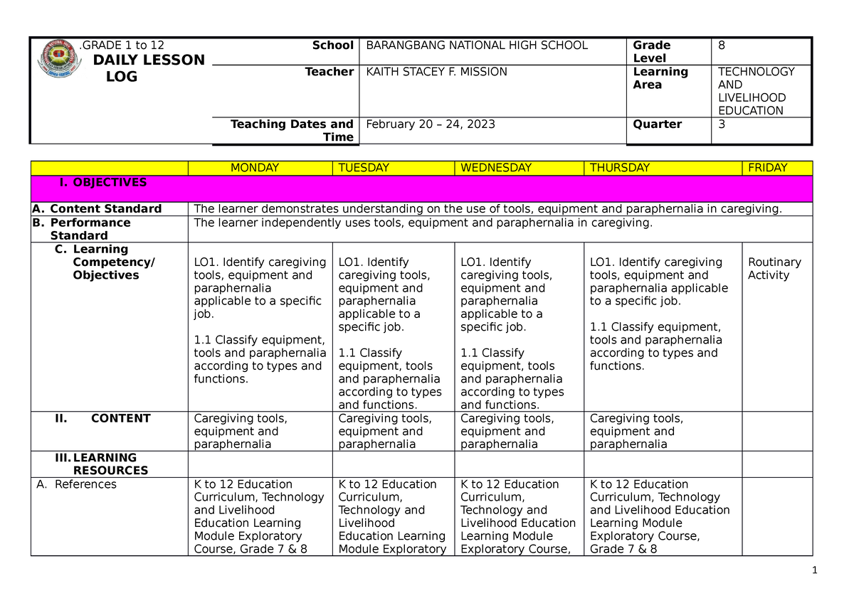 DLL TLE 8 Week 2 Q2 - Lesson Plan - .GRADE 1 To 12 DAILY LESSON LOG ...