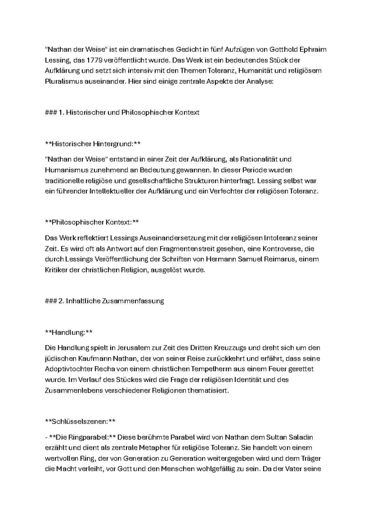 Nathan der Weise - Analyse - "Nathan der Weise" ist ein dramatisches