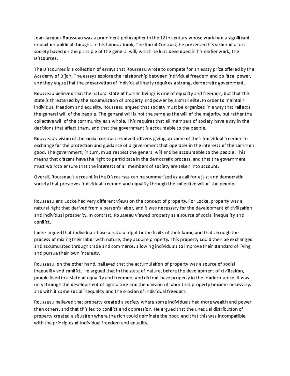 Rousseau Summary and comparison to Locke on property JeanJacques