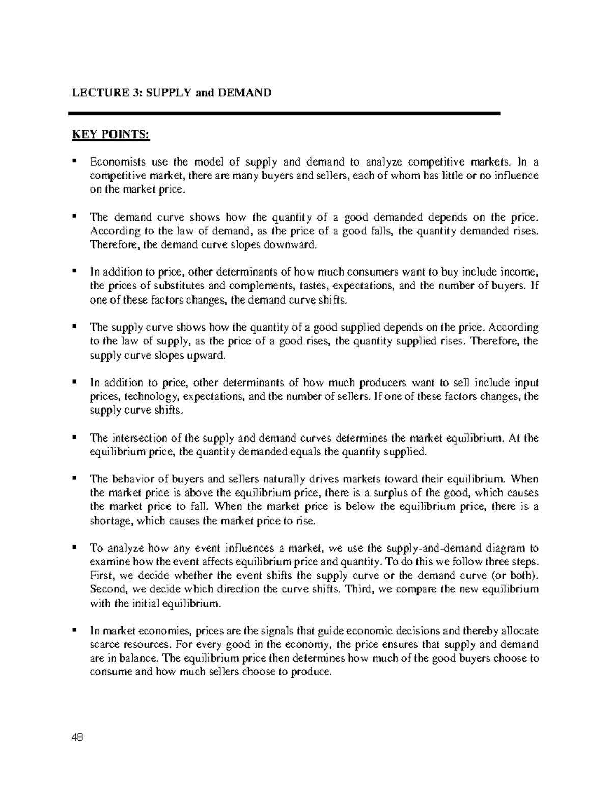 Lecture notes 3 Econs - 48 LECTURE 3: SUPPLY and DEMAND KEY POINTS ...