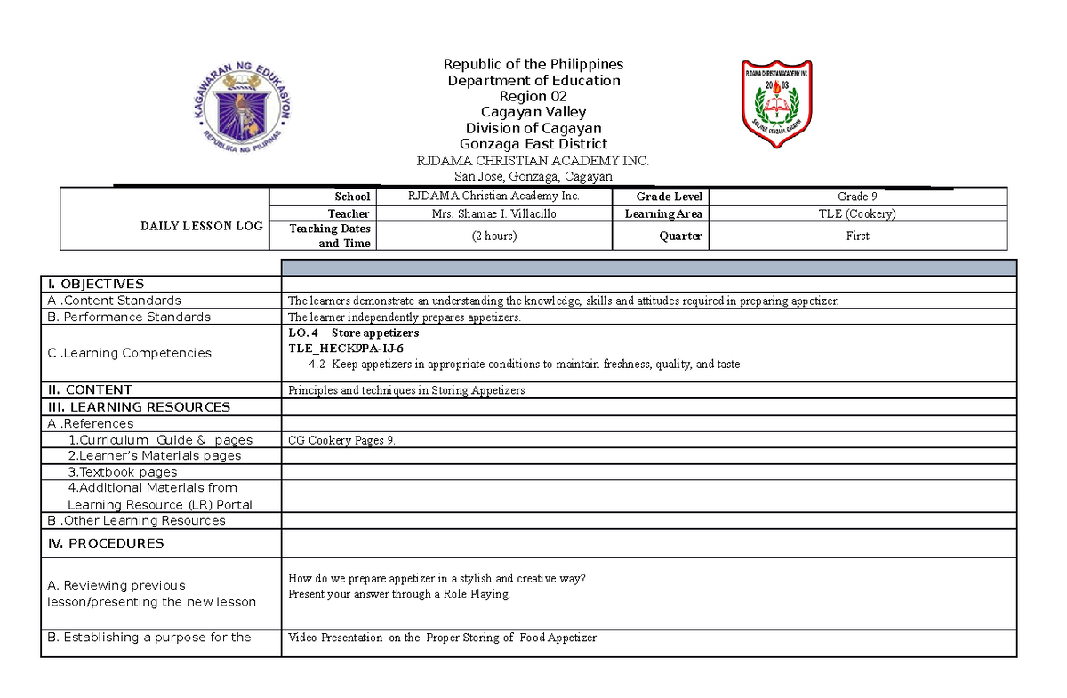 LO 4. Store appetizers - none - Republic of the Philippines Department ...