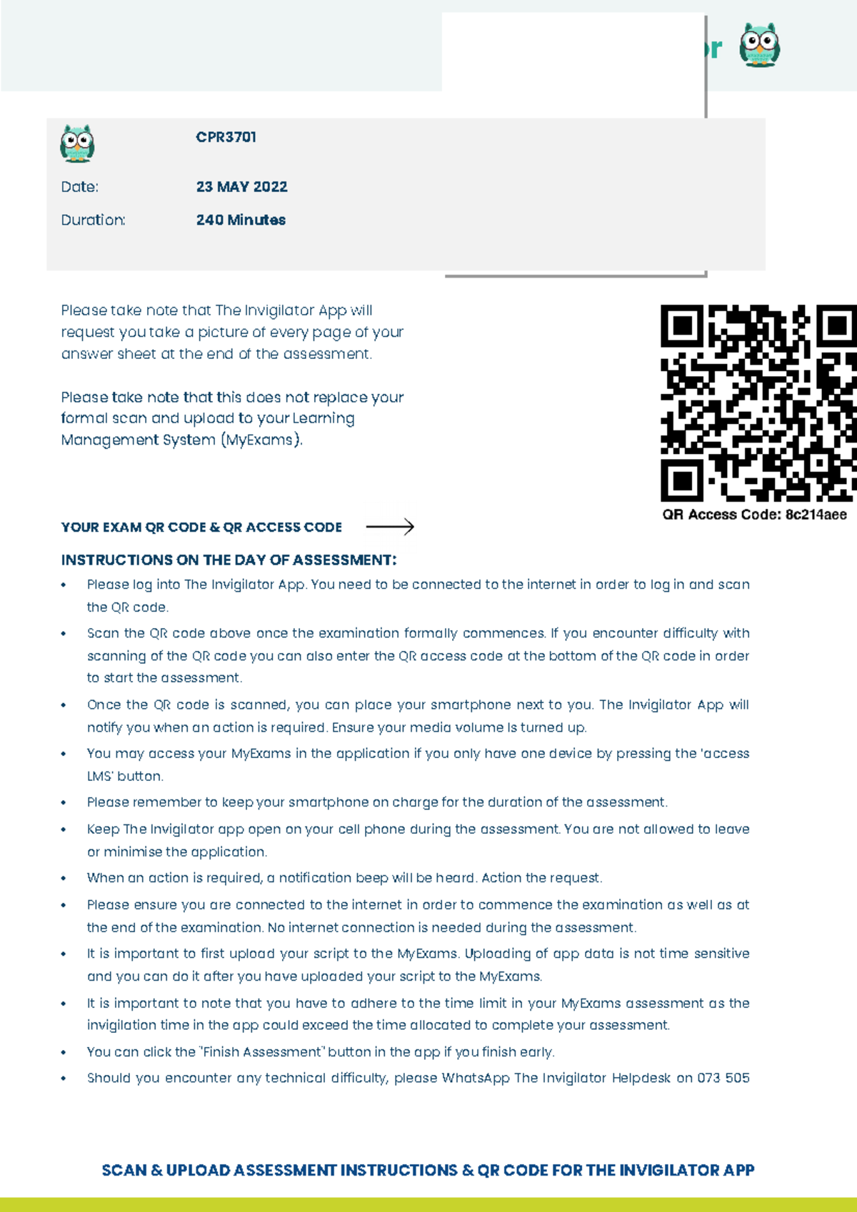 CPR3701 QR Code And Instructions 2022 Monday - CPR Date: 23 MAY 2022 ...