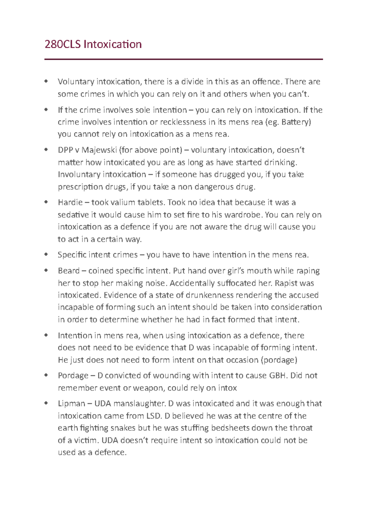 280CLS Intoxication - Lecture notes 1 - 280CLS Intoxication Voluntary ...