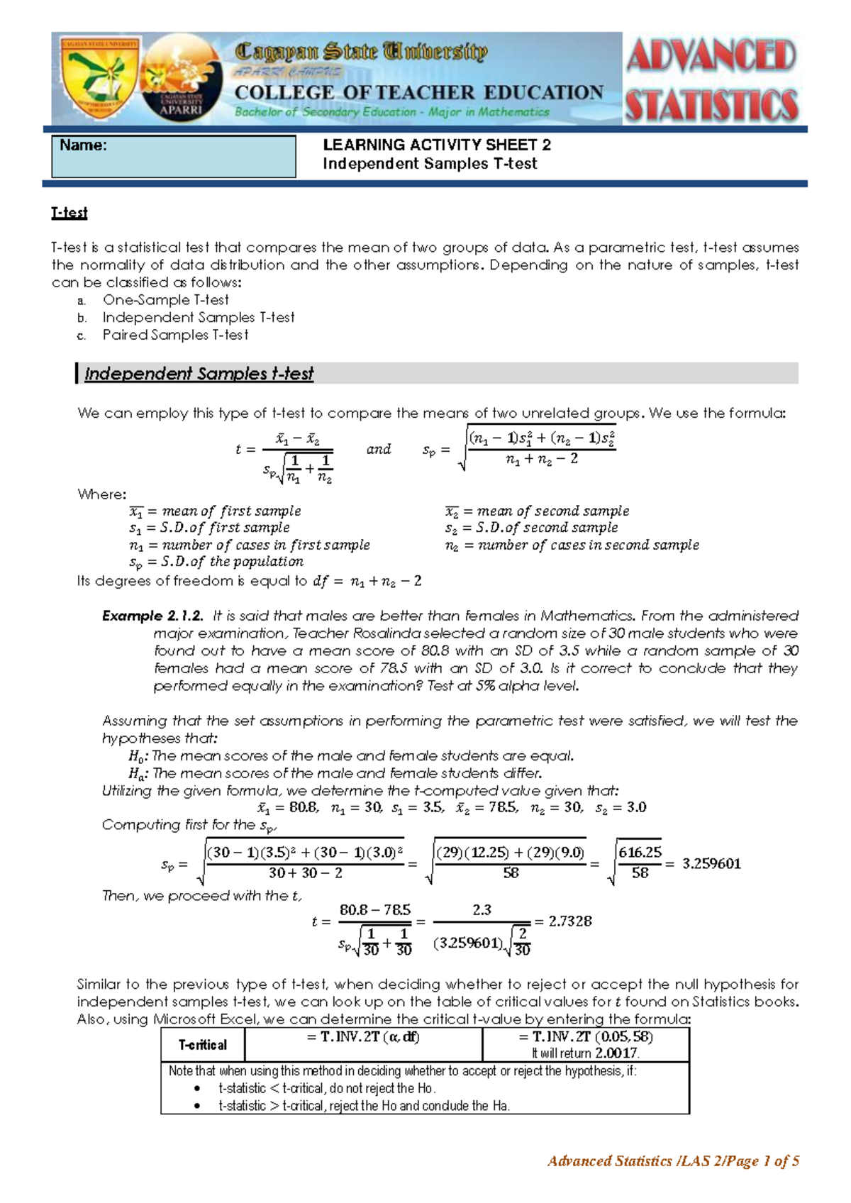 AS LAS 2 - For BSED MATH students - Name: LEARNING ACTIVITY SHEET 2 ...
