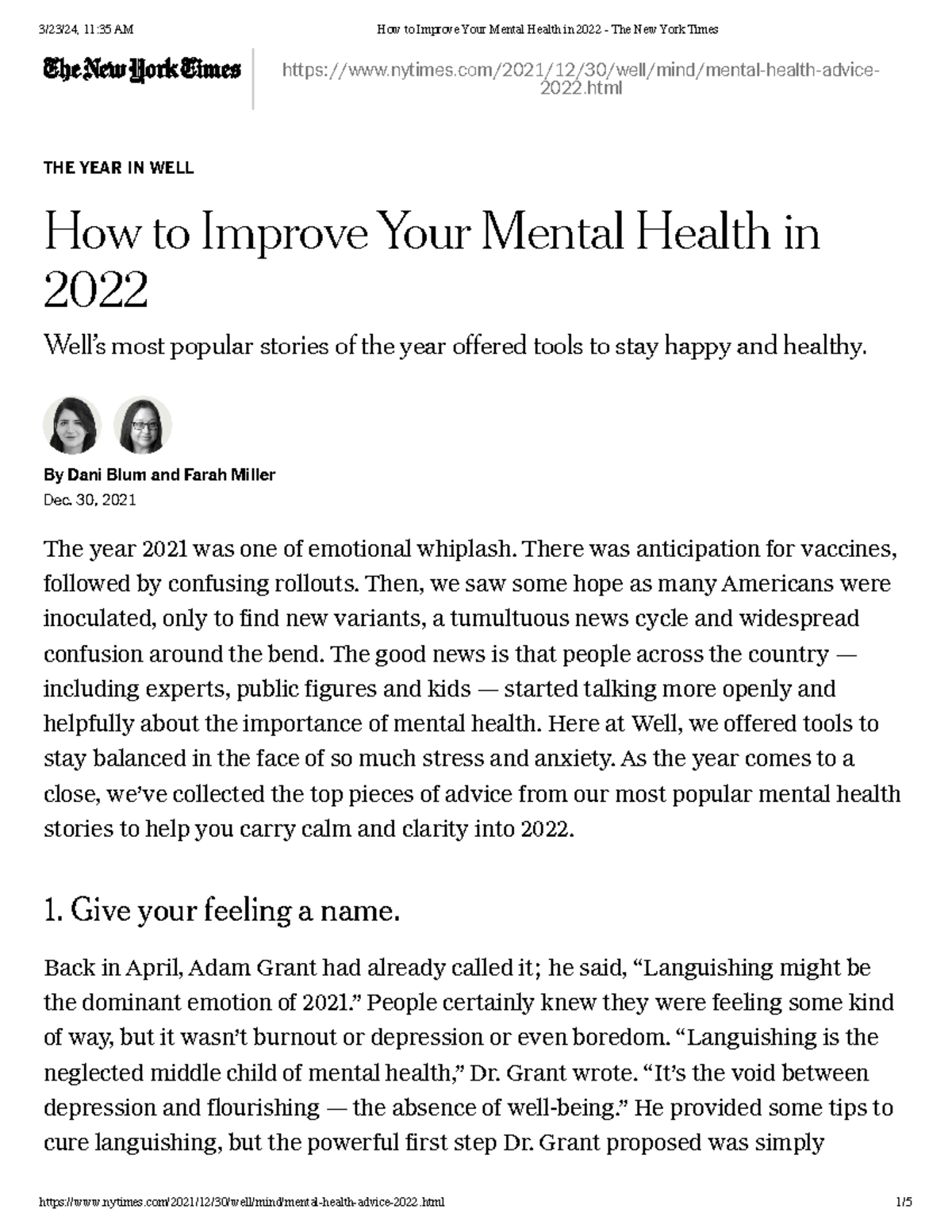 How to Improve Your Mental Health in 2022 - The New York Times - - Studocu