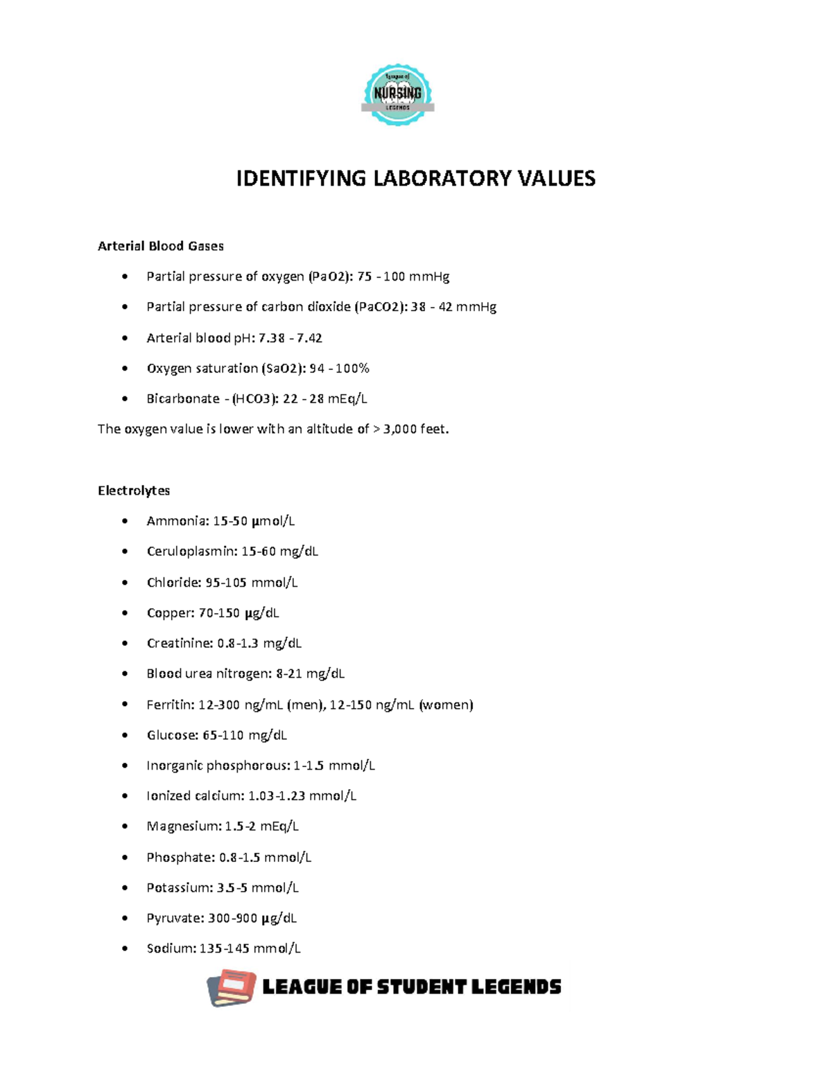 LAB- Normal- Values - notes - IDENTIFYING LABORATORY VALUES Arterial ...