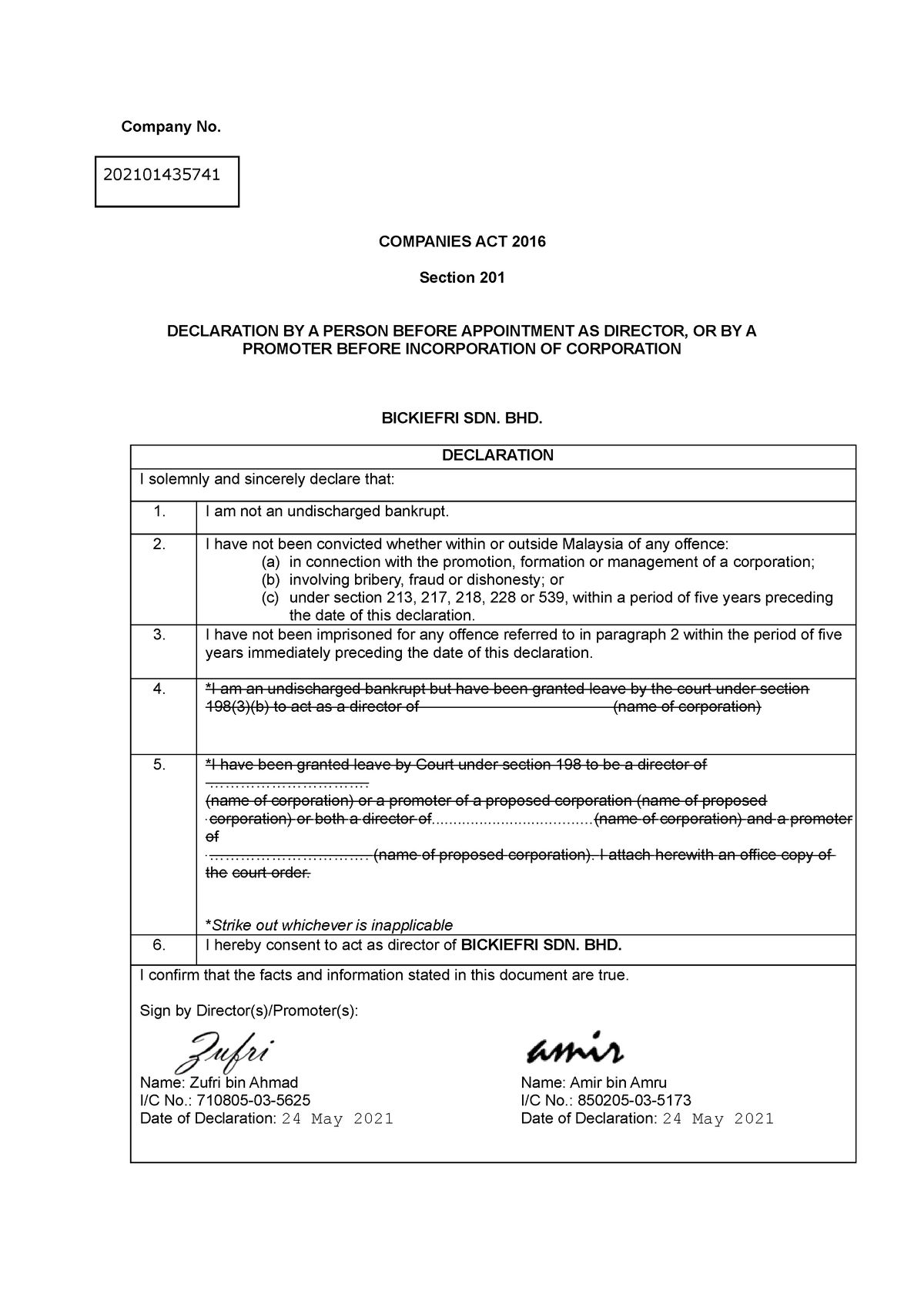 12. Director Declaration for conversion from sole prop into private ...