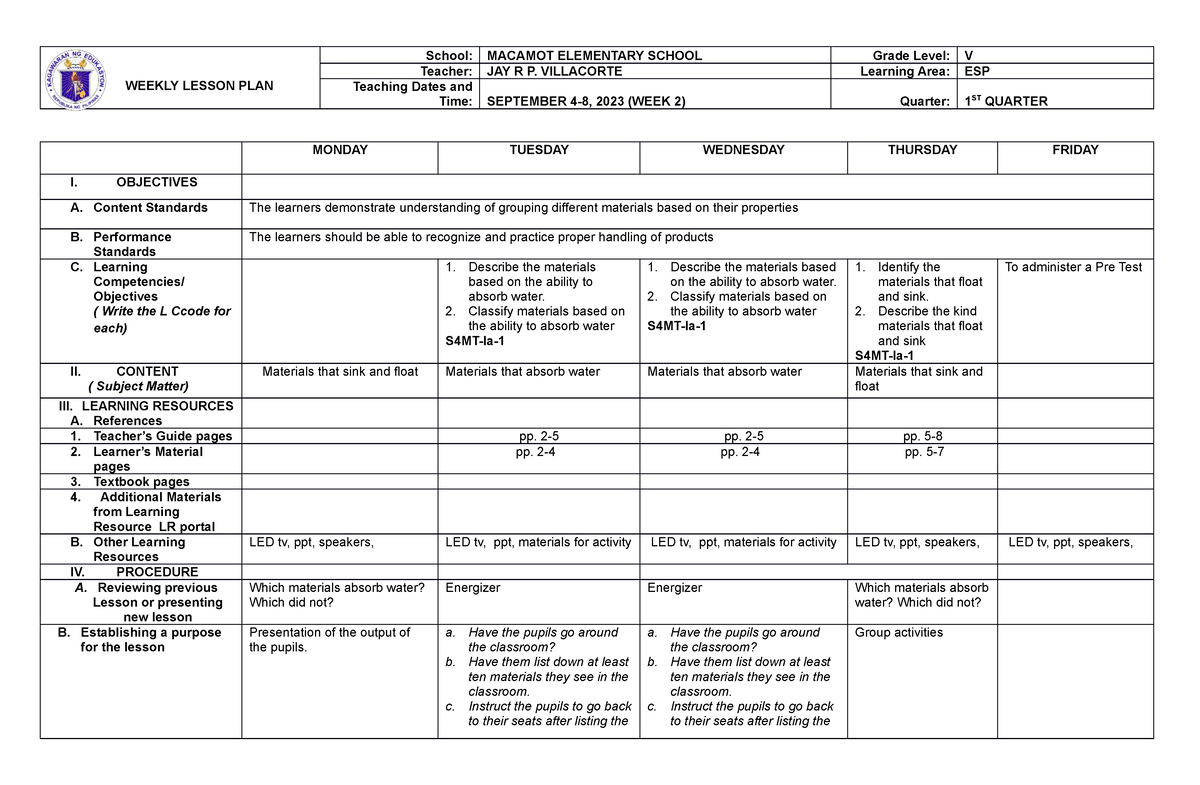 DLL Science-4 Q1 W1 - UIY - WEEKLY LESSON PLAN School: MACAMOT ...