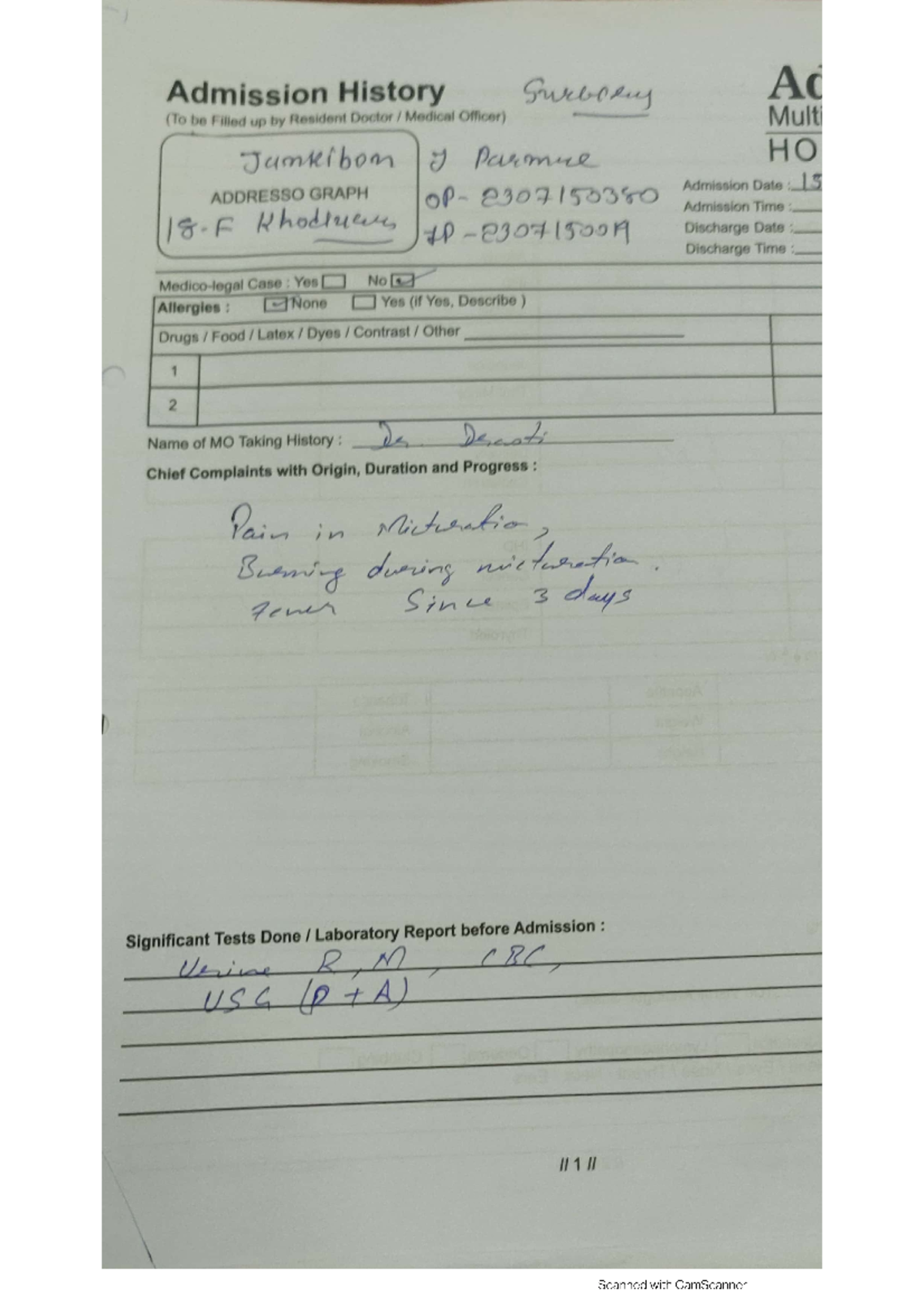 UTI - UTI case file - Admission History Surbory A (To be Filled up ...