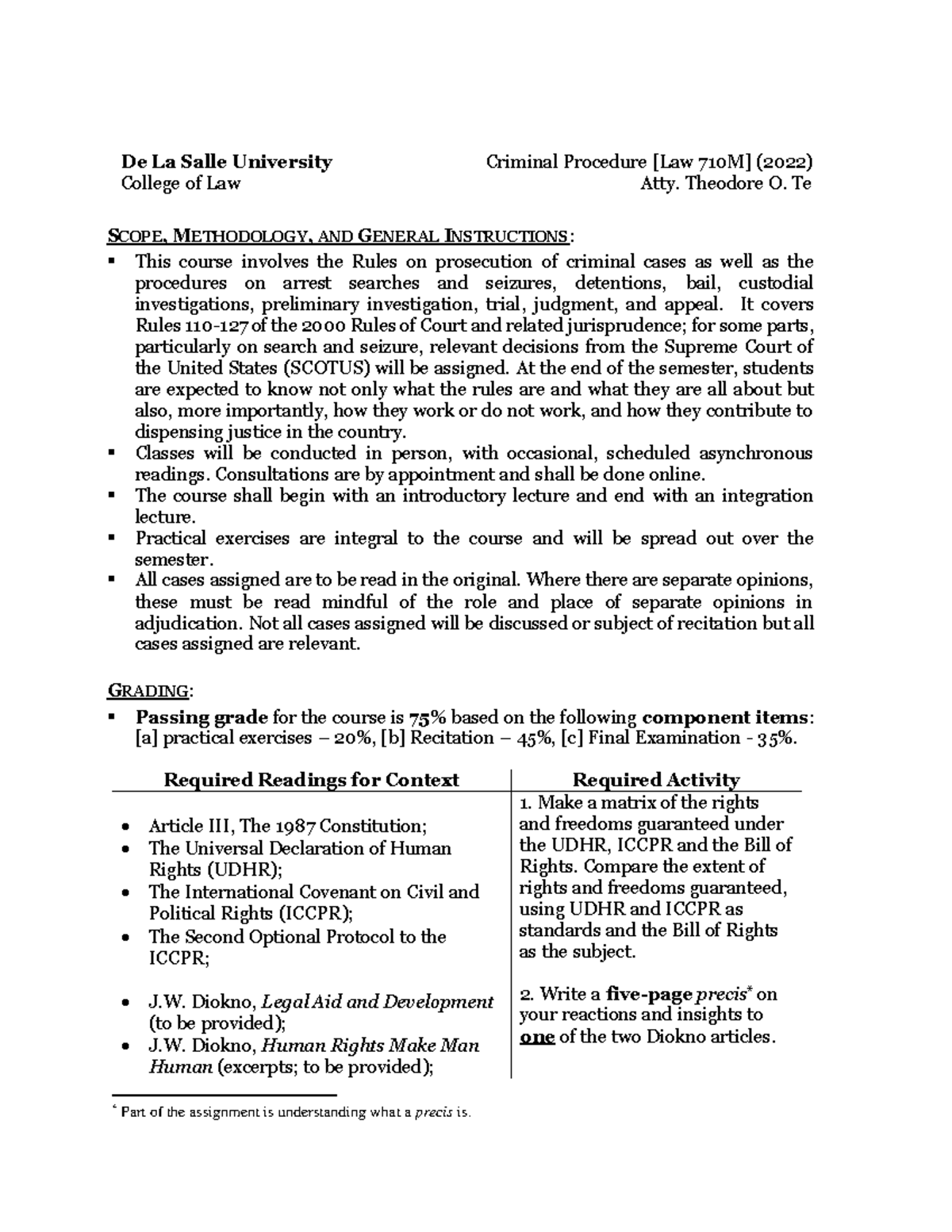 DLSU-Crim Proc 2022 - Criminal procedure syllabus - De La Salle ...