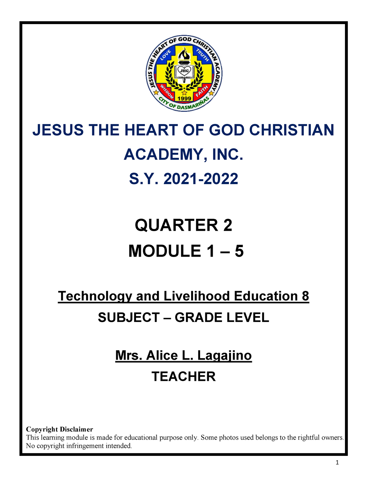 TLE 8 Module 1 - 5 (2nd Quarter Lesson) - Copyright Disclaimer This ...