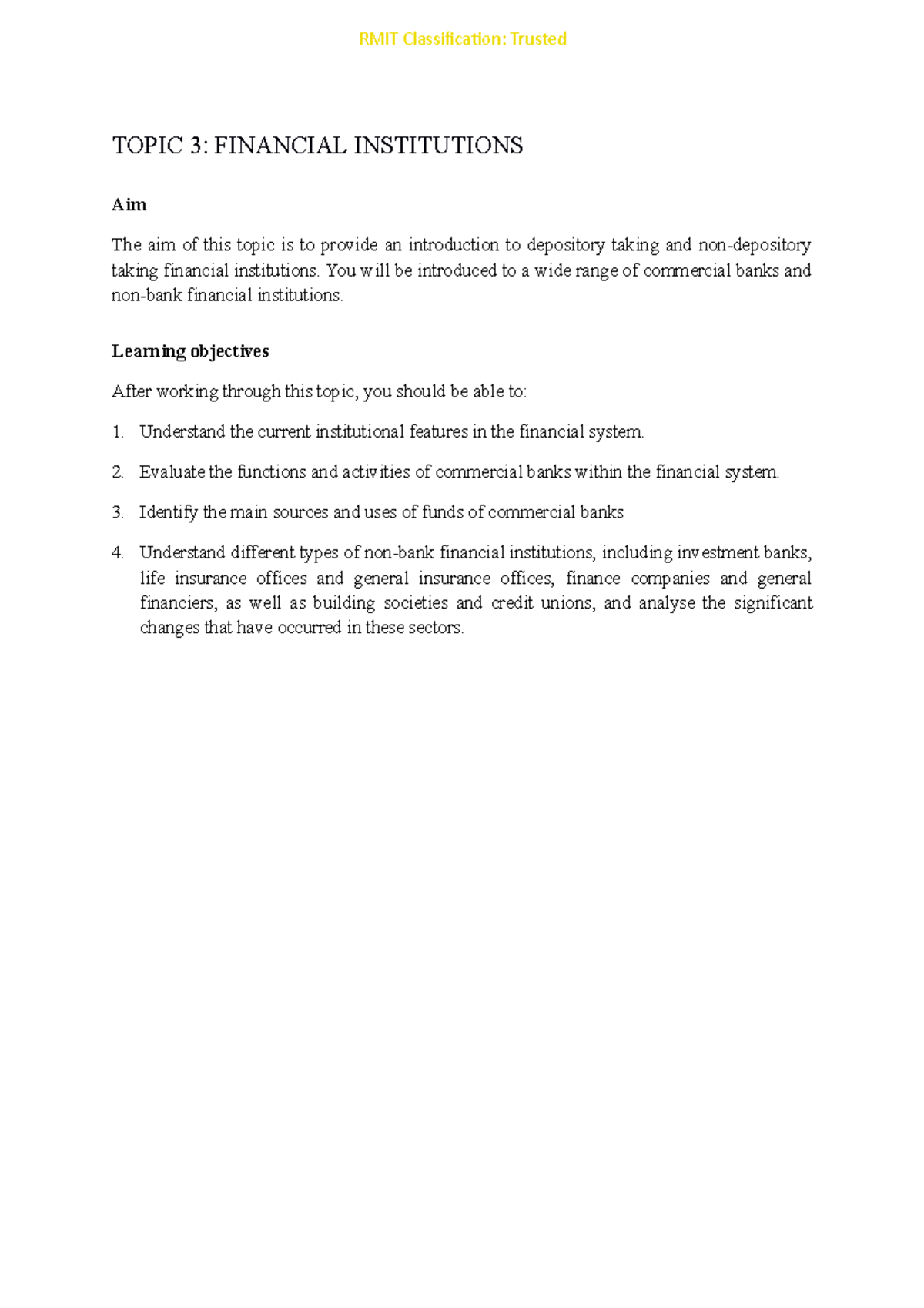 Topic 3 Notes - TOPIC 3: FINANCIAL INSTITUTIONS Aim The aim of this ...