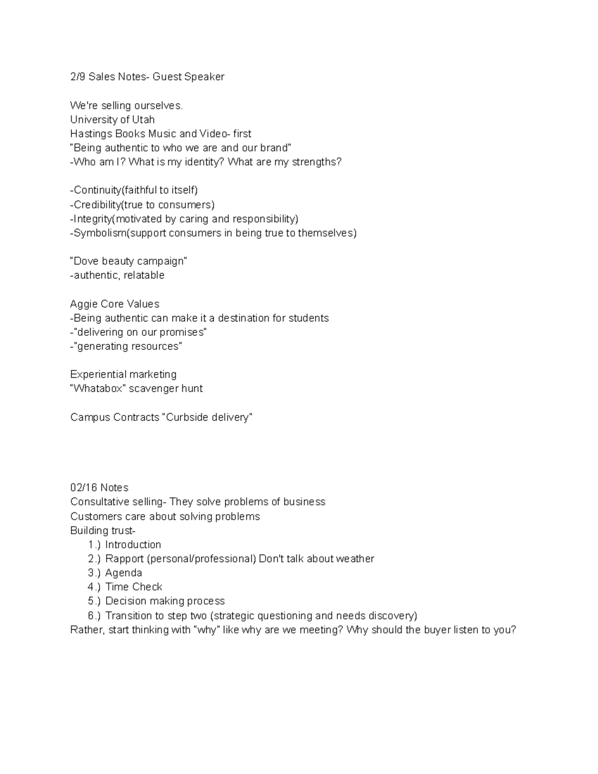 Entire Course Notes MKTG 335 - 2/9 Sales Notes- Guest Speaker We're ...