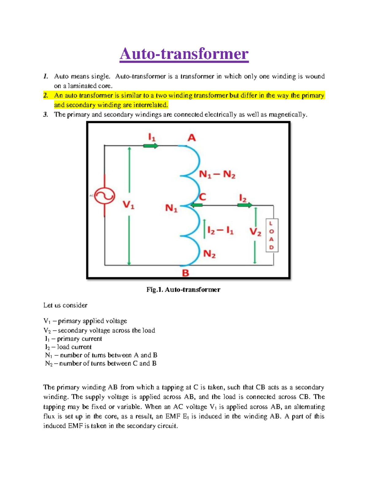 Autotransformer Lecture Notes 1 Auto Transformer 1 Auto Means Single Auto Transformer Is A 7970