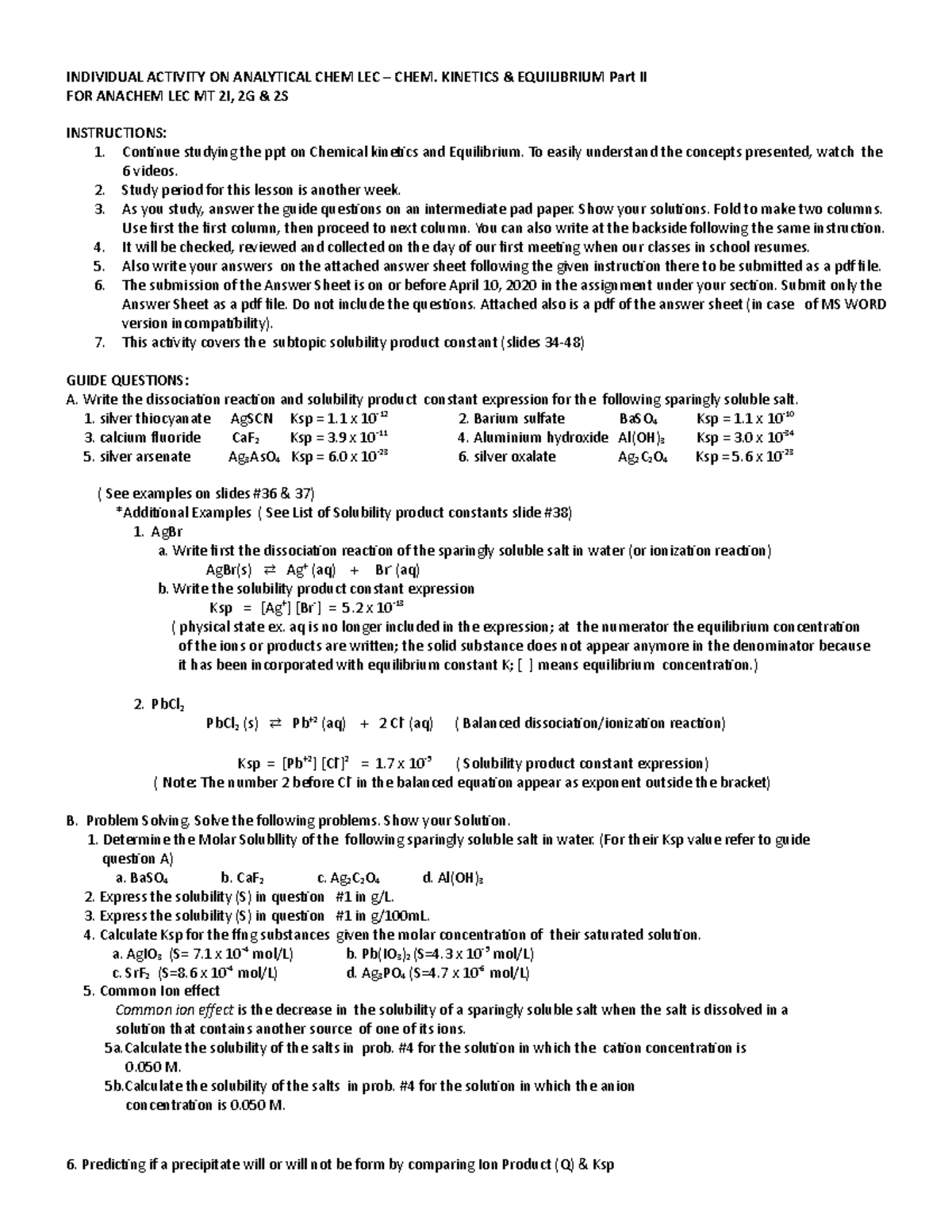 ACT ON Anachem LEC Equil Ksp - INDIVIDUAL ACTIVITY ON ANALYTICAL CHEM ...