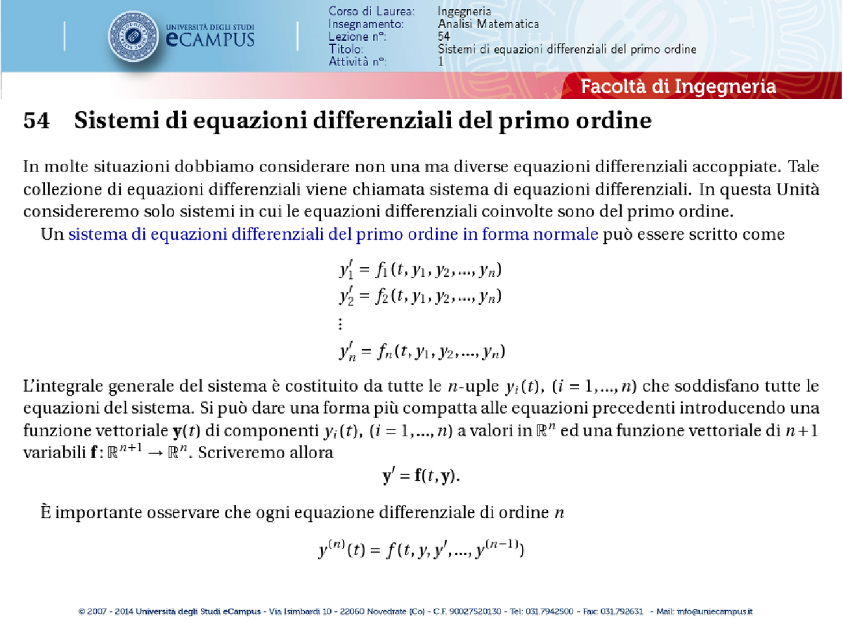 Lezione 54 Sistemi Di Equazioni Differenziali Del Primo Ordine 