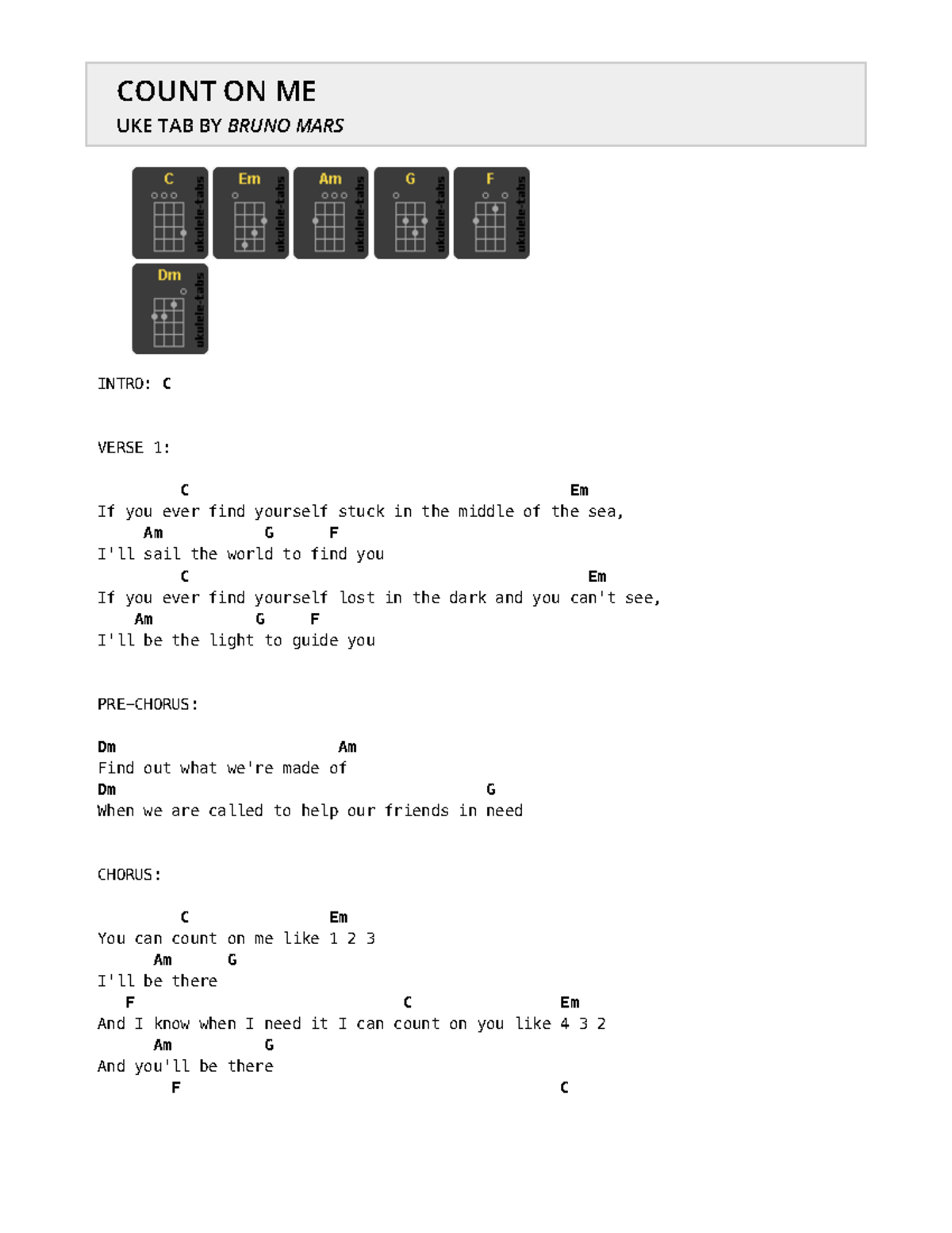 Count On Me Uke tab by Bruno Mars - Ukulele Tabs - !