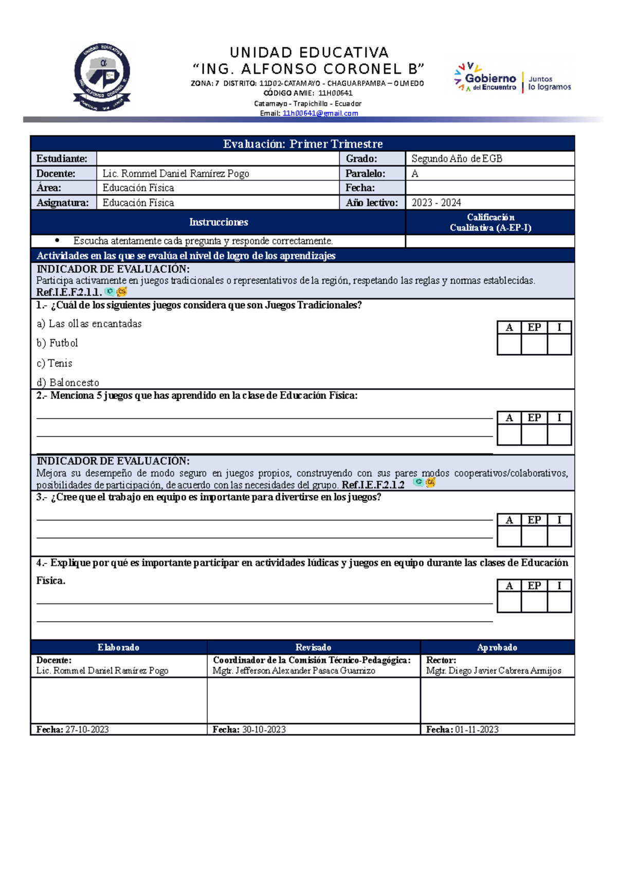 Evaluacion 2° EEFF Primer Trimestre - UNIDAD EDUCATIVA “ING. ALFONSO ...