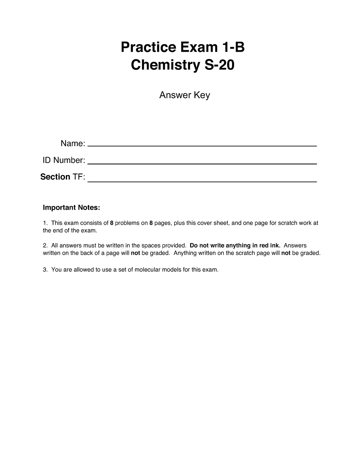 Practice Exam 1B Answers - Practice Exam 1- Chemistry S- Answer Key ...