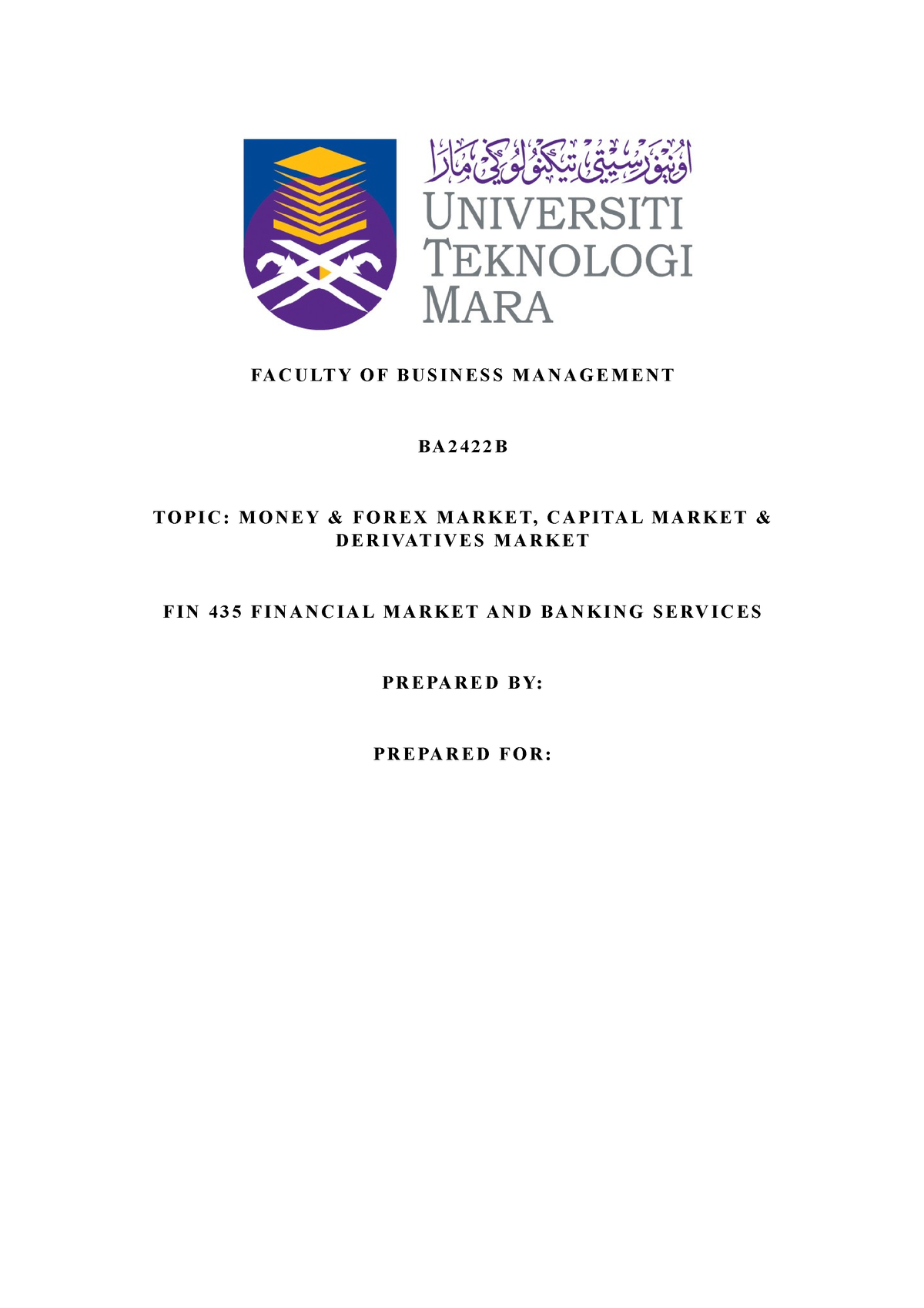 fin435 individual assignment money market