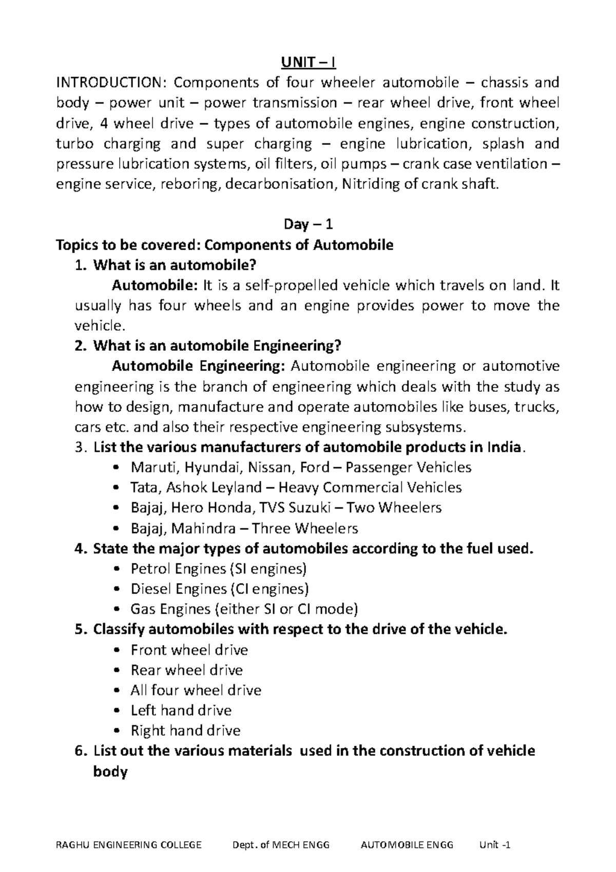Unit 1 UNIT I INTRODUCTION Components of four wheeler automobile