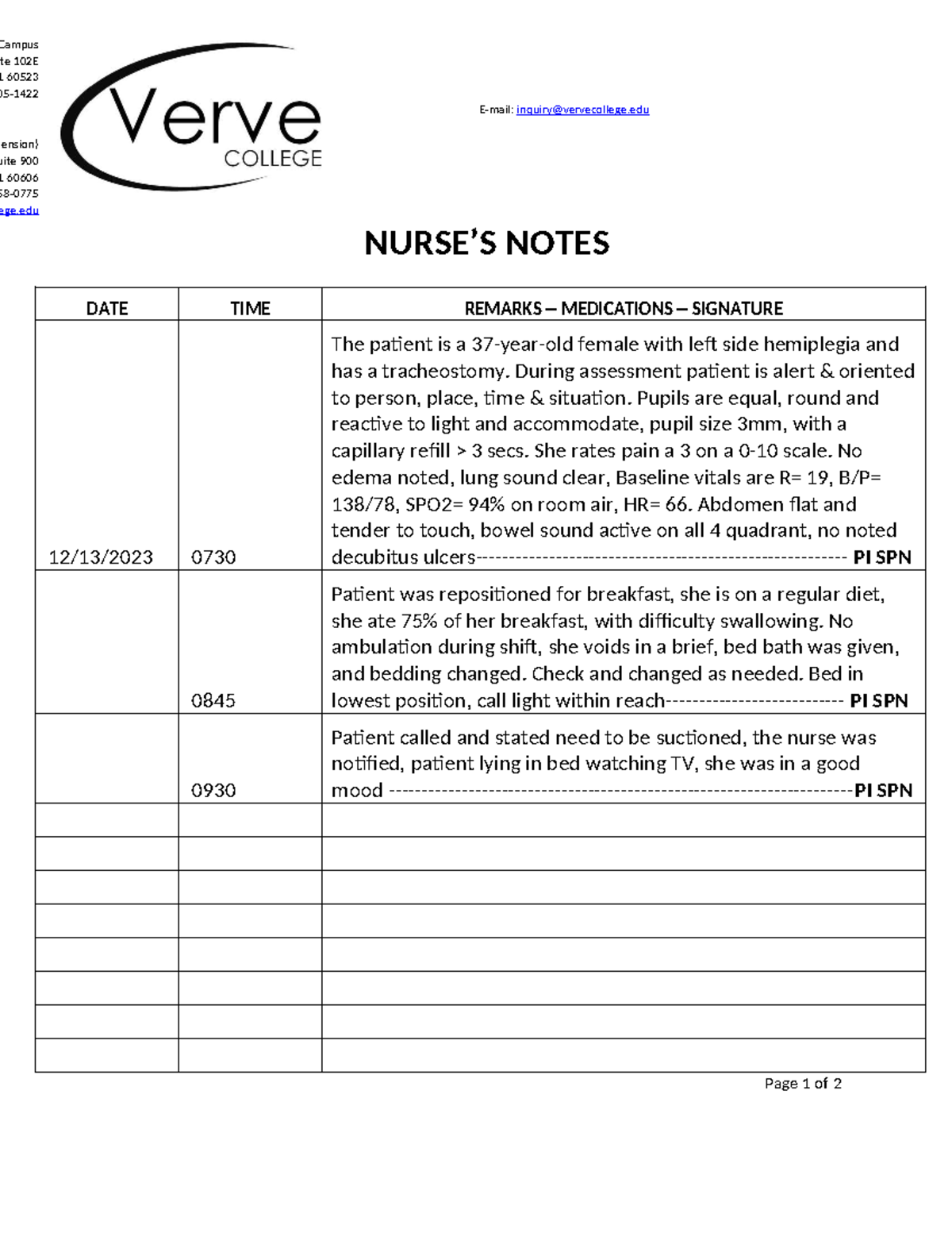Nurses note Example - E-mail: inquiry@vervecollege NURSE’S NOTES DATE ...