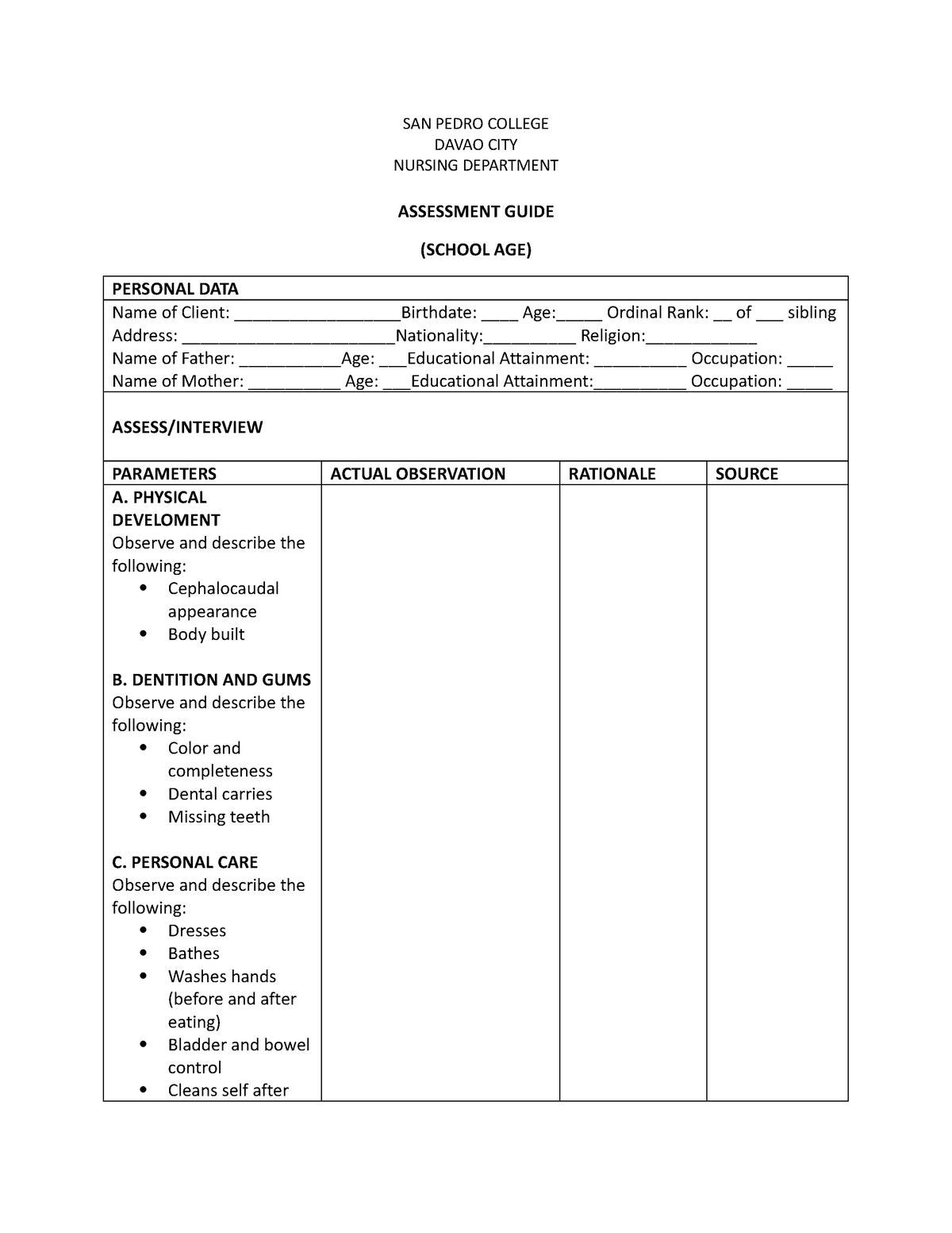 Assessment Guide FOR School AGE - SAN PEDRO COLLEGE DAVAO CITY NURSING ...