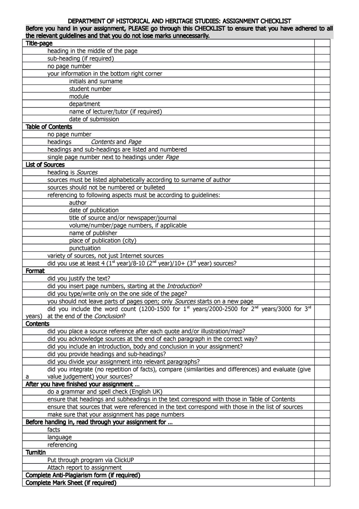 Assignment Checklist - efk 210 - DEPARTMENT OF HISTORICAL AND HERITAGE ...