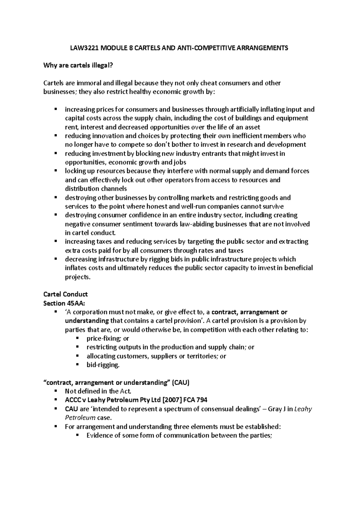 Week 8 Cartels and Anti Competitive Arrangements - LAW3221 MODULE 8 ...