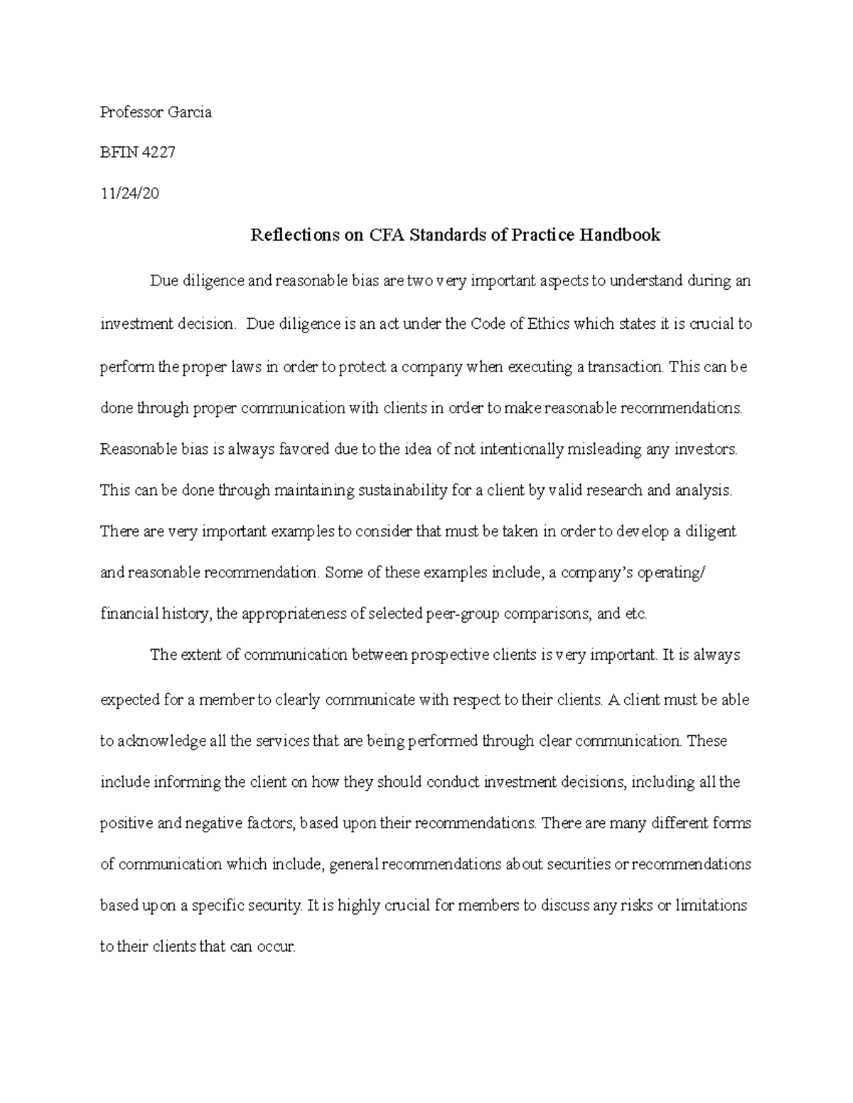 Reflections on CFA Standards of Practice Handbook - Professor Garcia ...