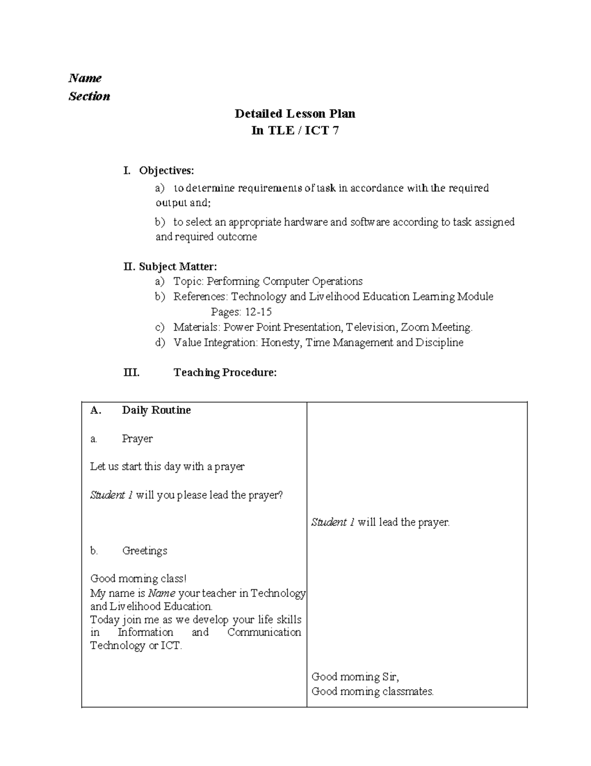 Detailed Lesson Plan TLE ICT7 - Name Section Detailed Lesson Plan In ...